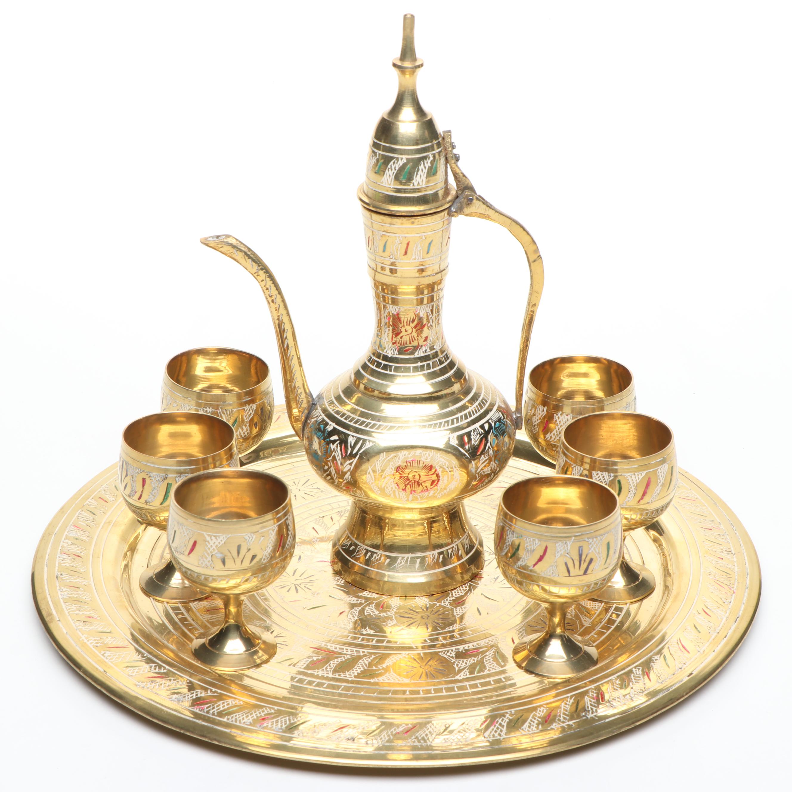 Indian Etched and Painted Brass Tea Set with Serving Tray