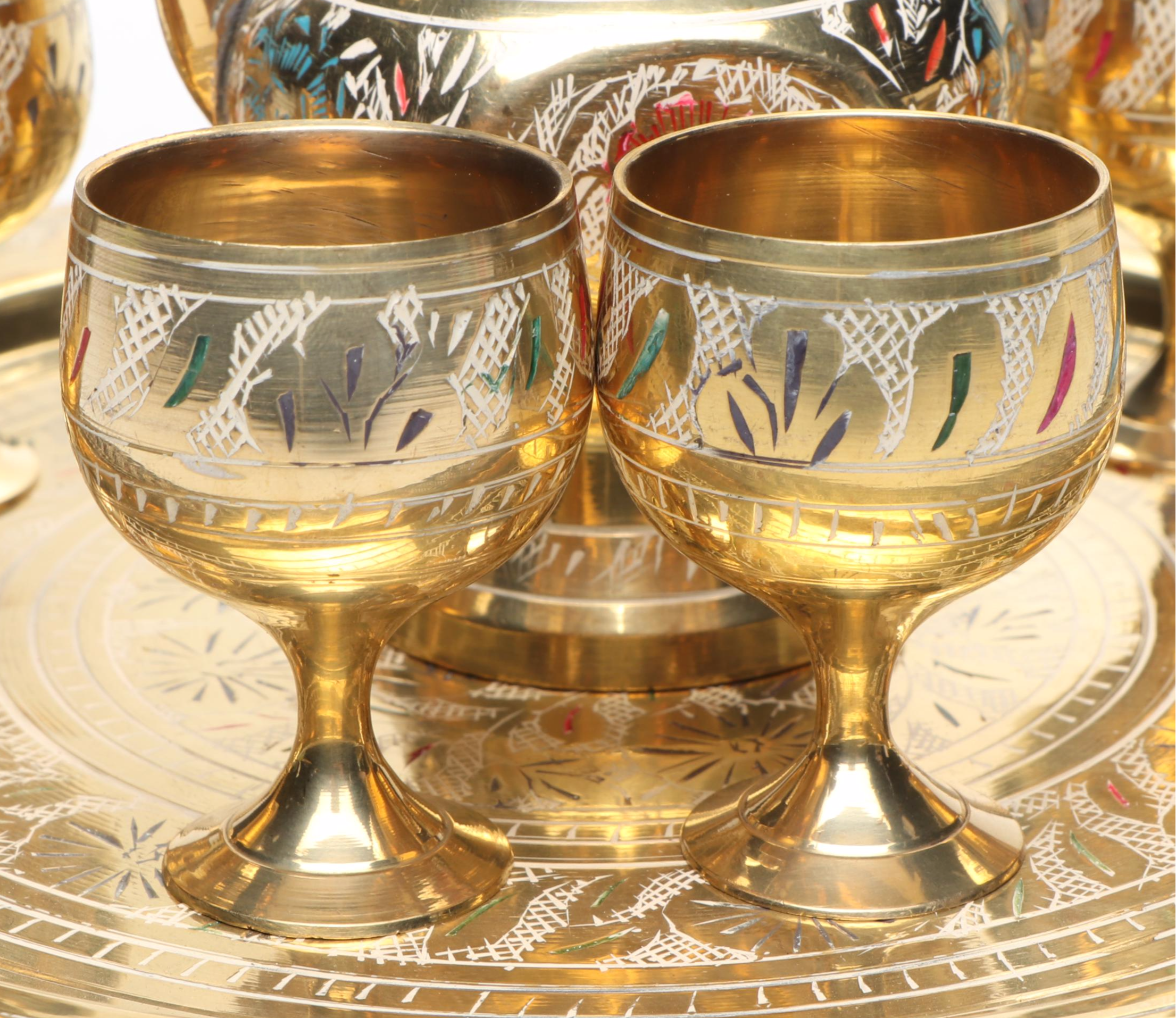 Indian Etched and Painted Brass Tea Set with Serving Tray