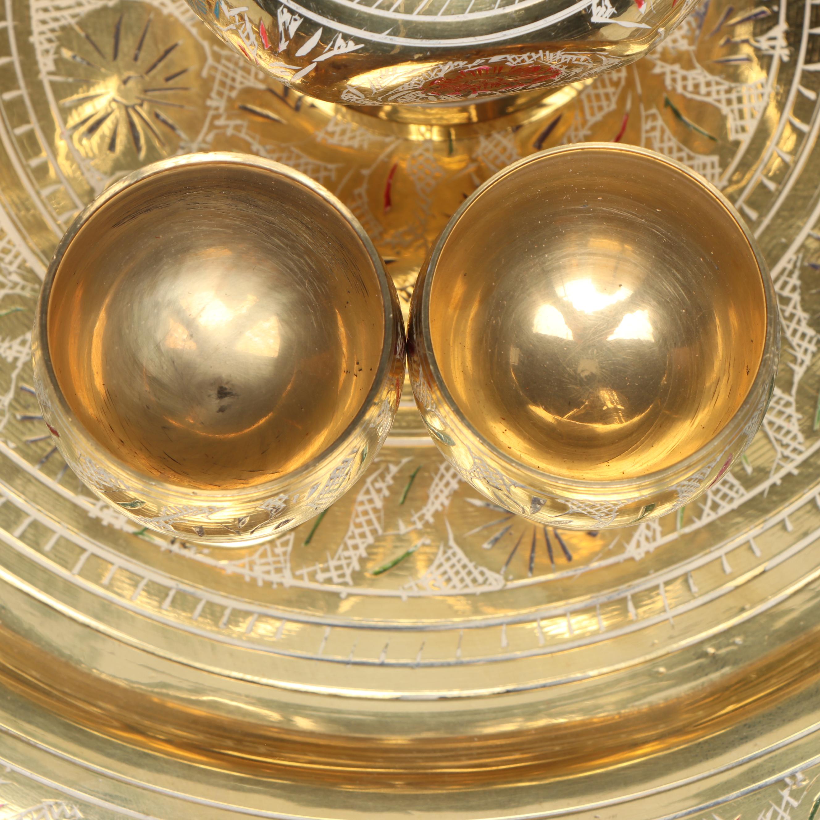 Indian Etched and Painted Brass Tea Set with Serving Tray