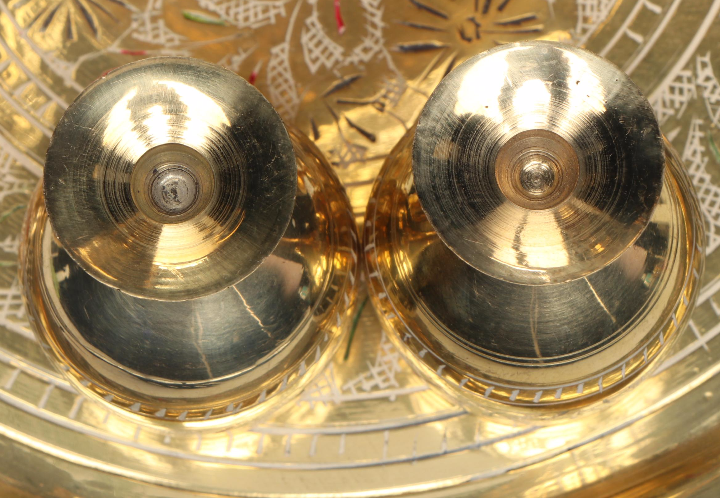 Indian Etched and Painted Brass Tea Set with Serving Tray