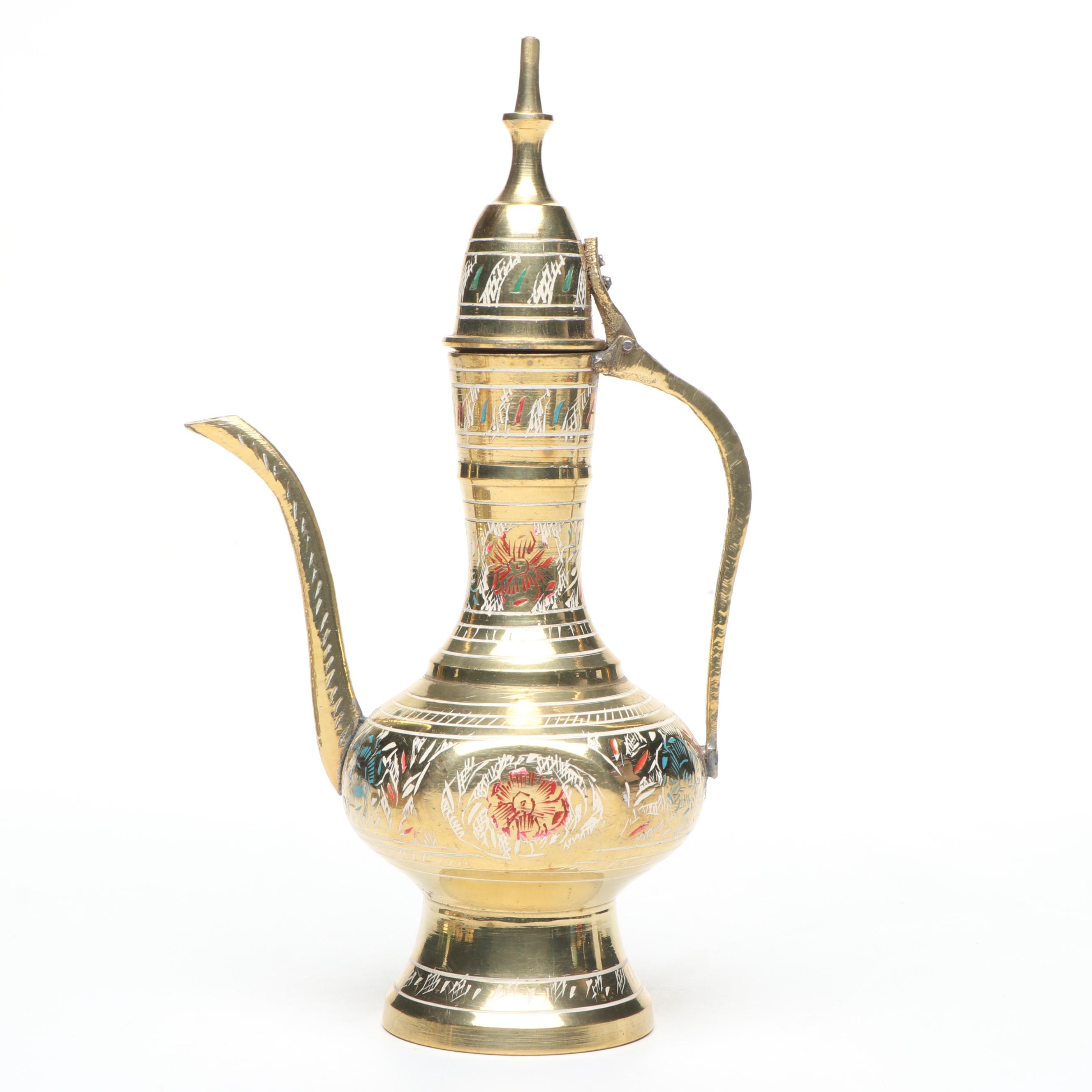 Indian Etched and Painted Brass Tea Set with Serving Tray