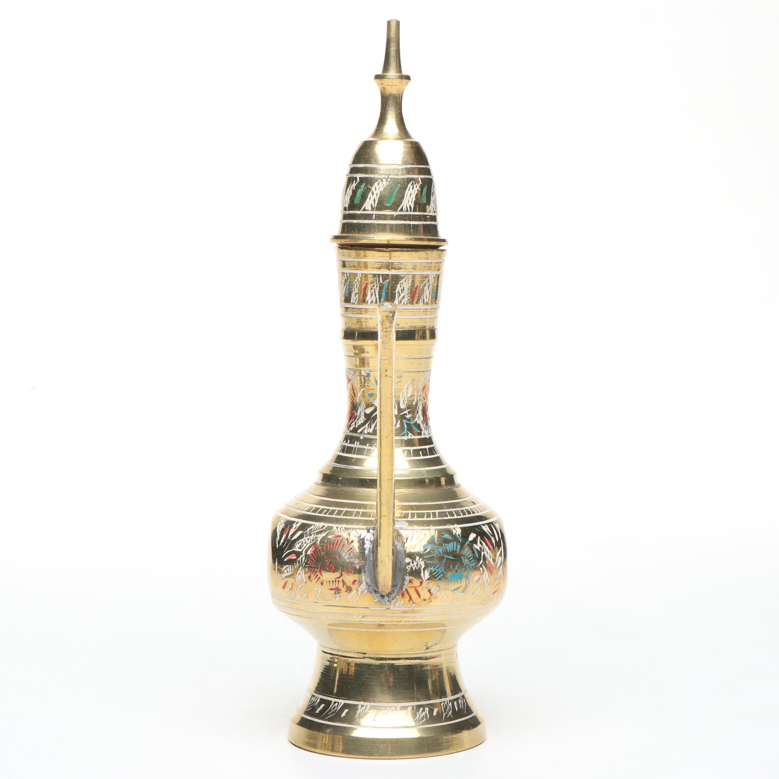 Indian Etched and Painted Brass Tea Set with Serving Tray