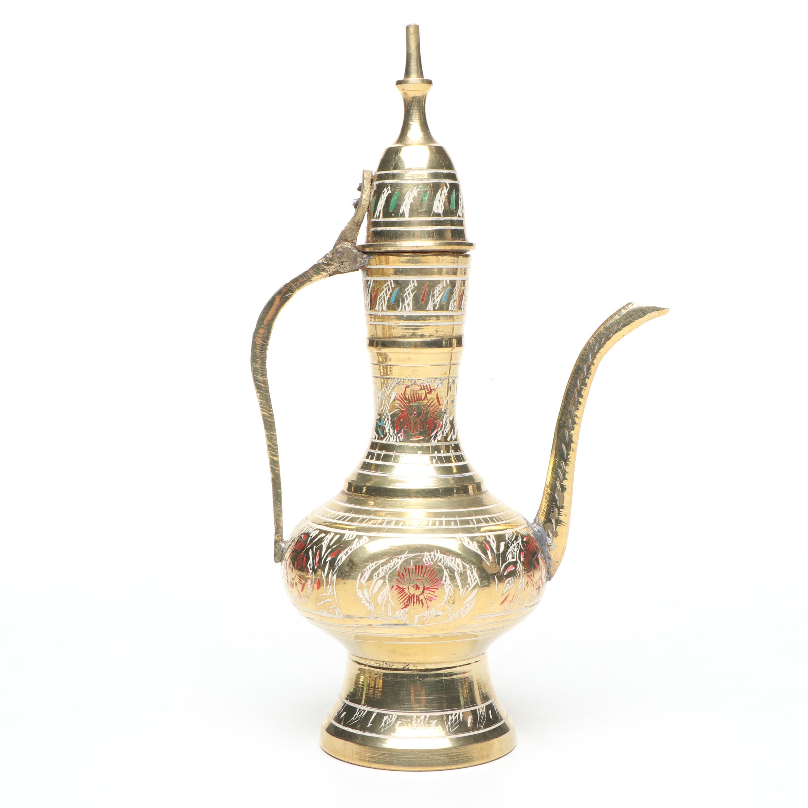 Indian Etched and Painted Brass Tea Set with Serving Tray