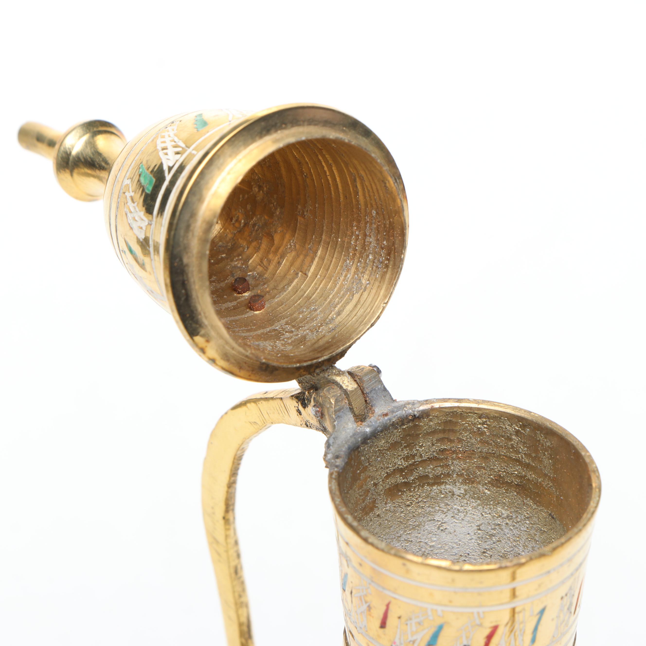 Indian Etched and Painted Brass Tea Set with Serving Tray