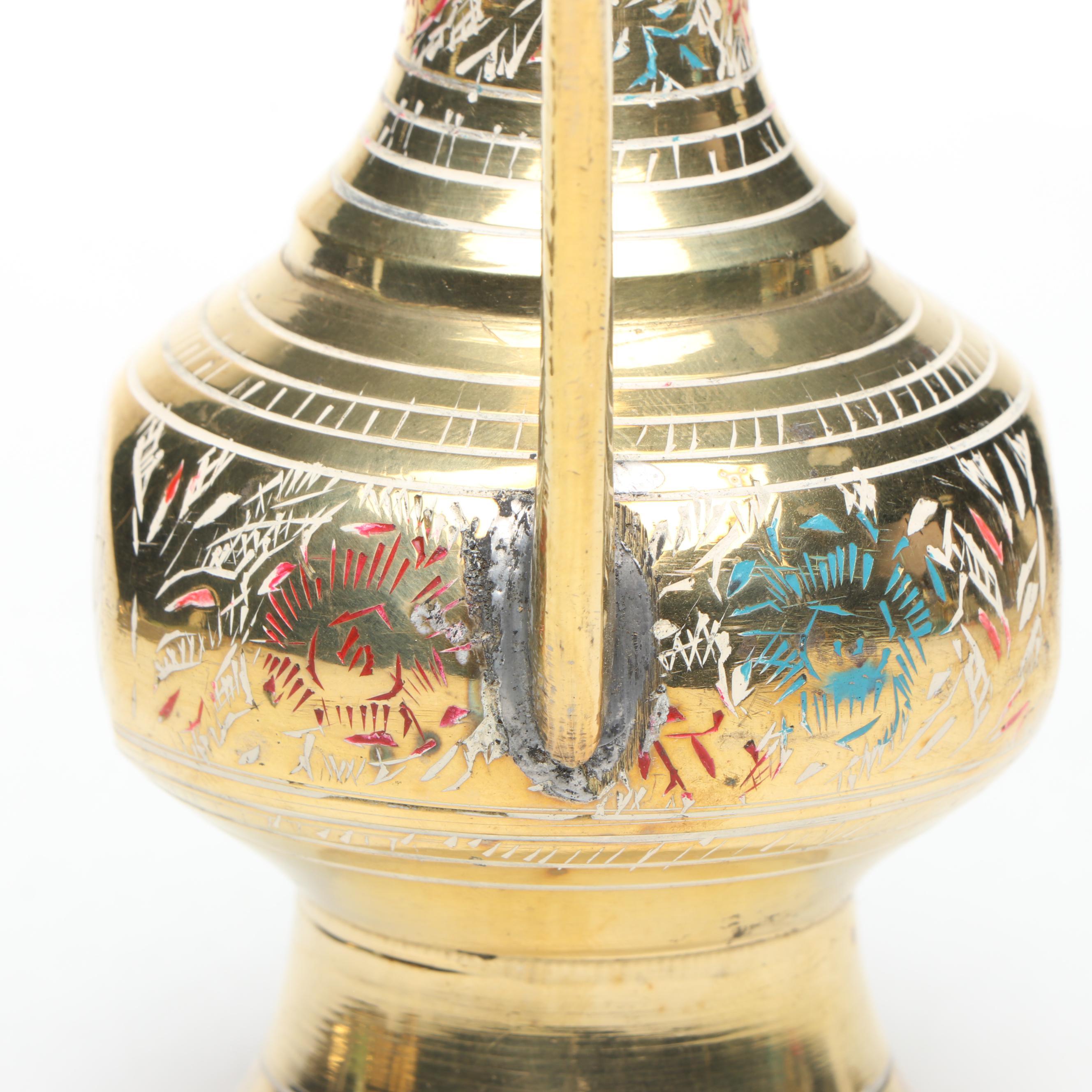 Indian Etched and Painted Brass Tea Set with Serving Tray