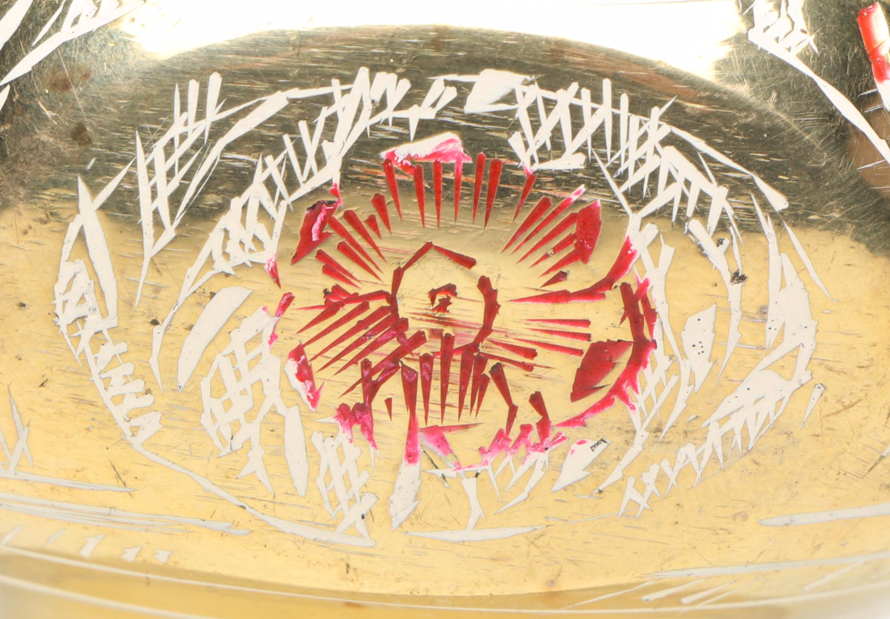 Indian Etched and Painted Brass Tea Set with Serving Tray