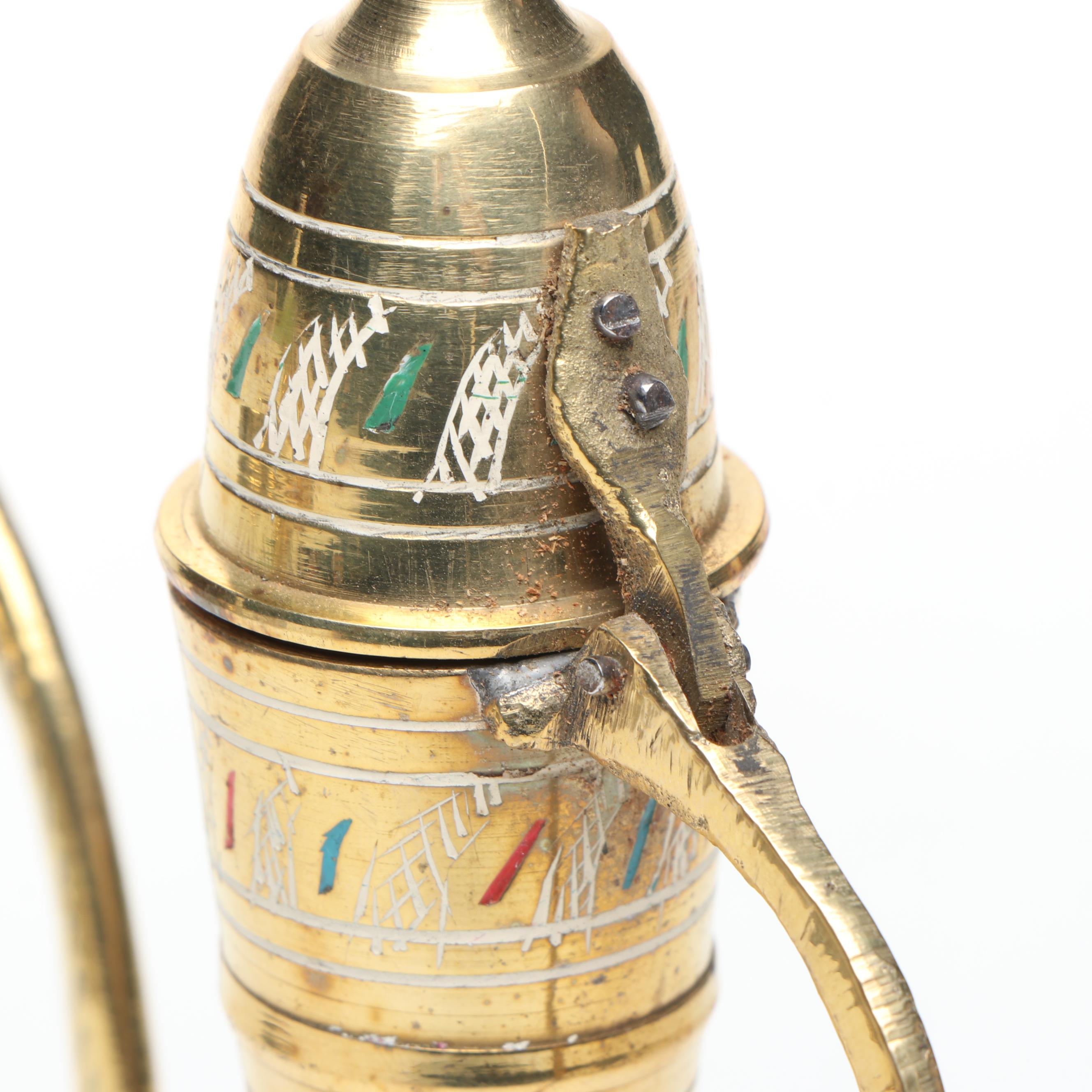 Indian Etched and Painted Brass Tea Set with Serving Tray