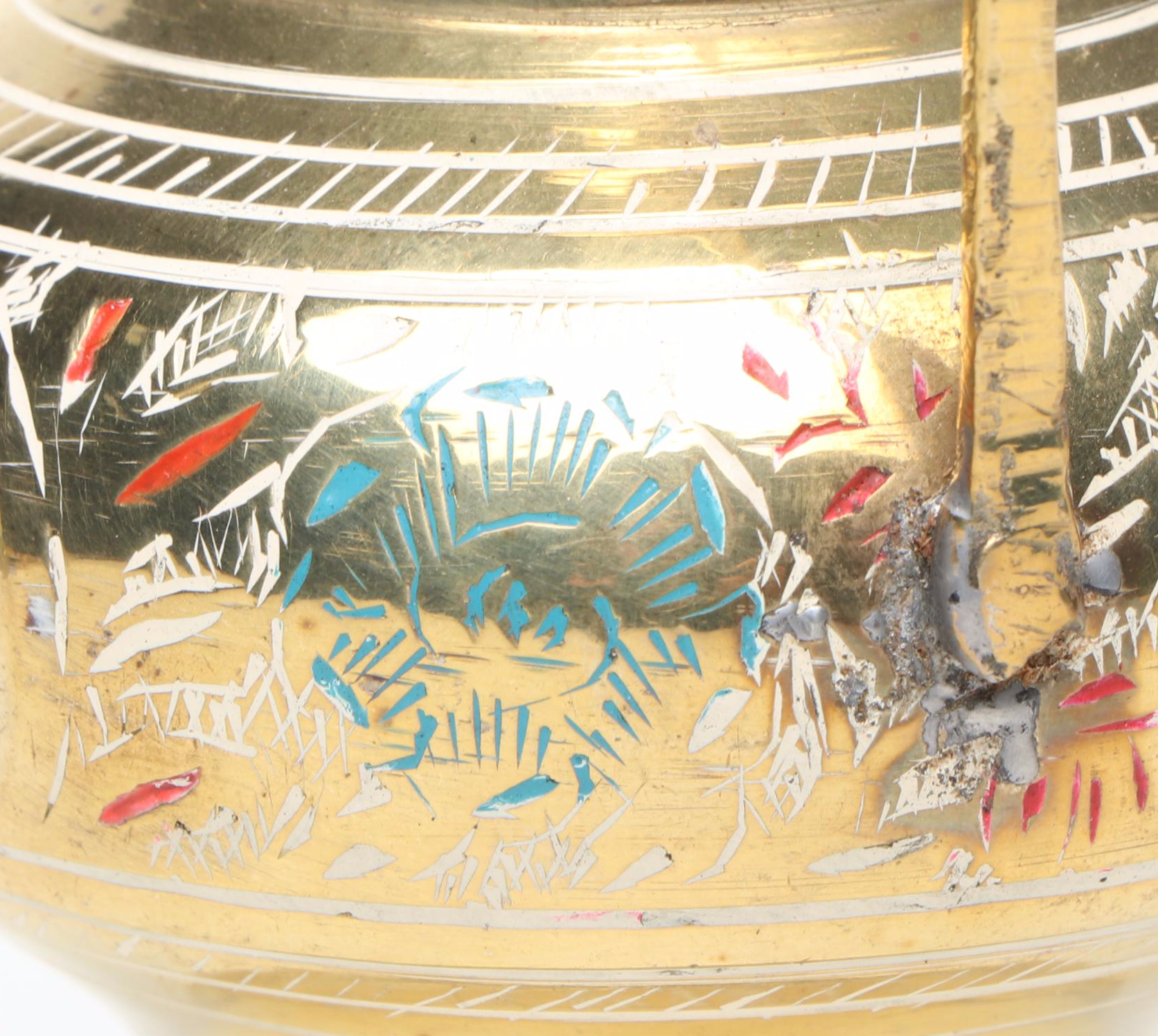 Indian Etched and Painted Brass Tea Set with Serving Tray