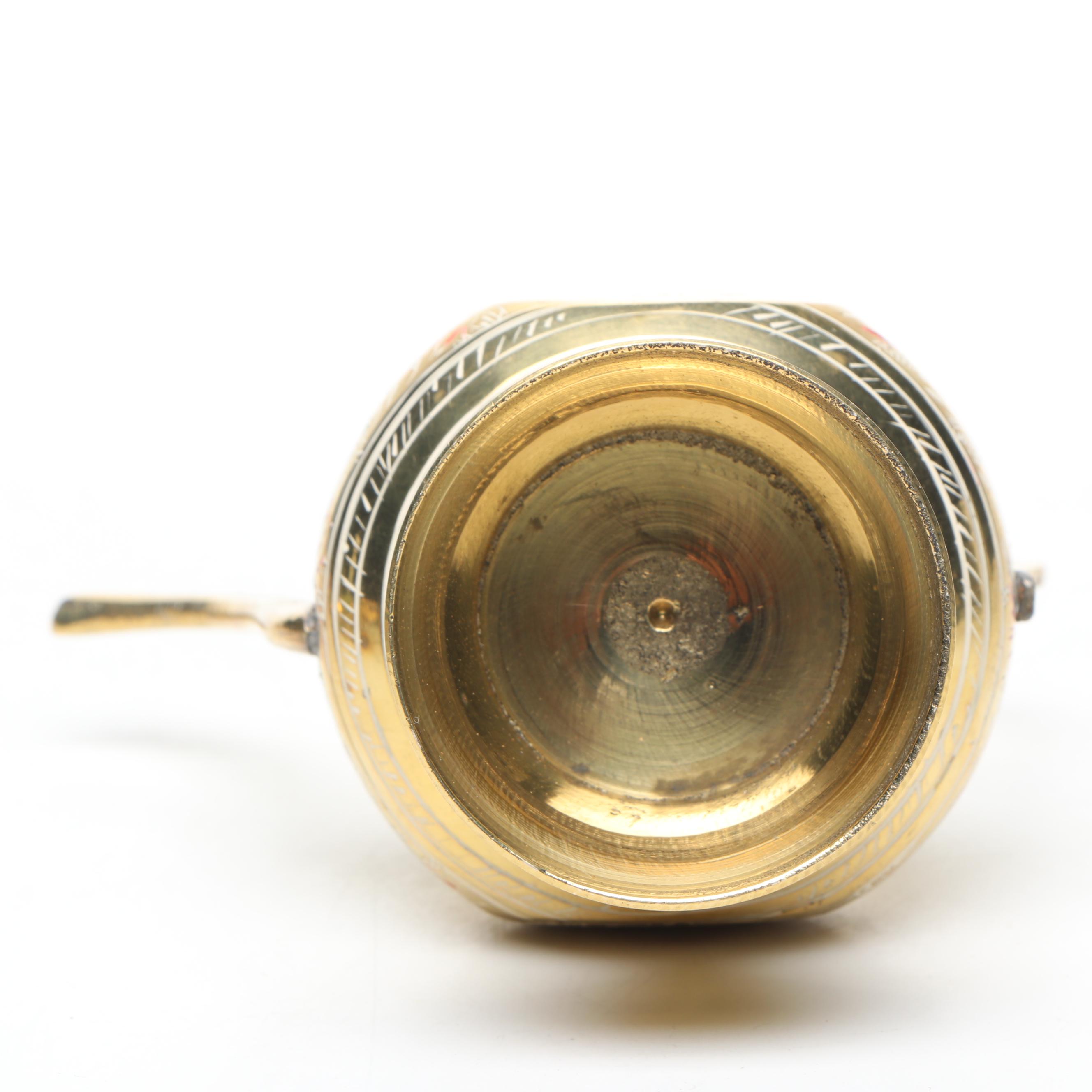 Indian Etched and Painted Brass Tea Set with Serving Tray