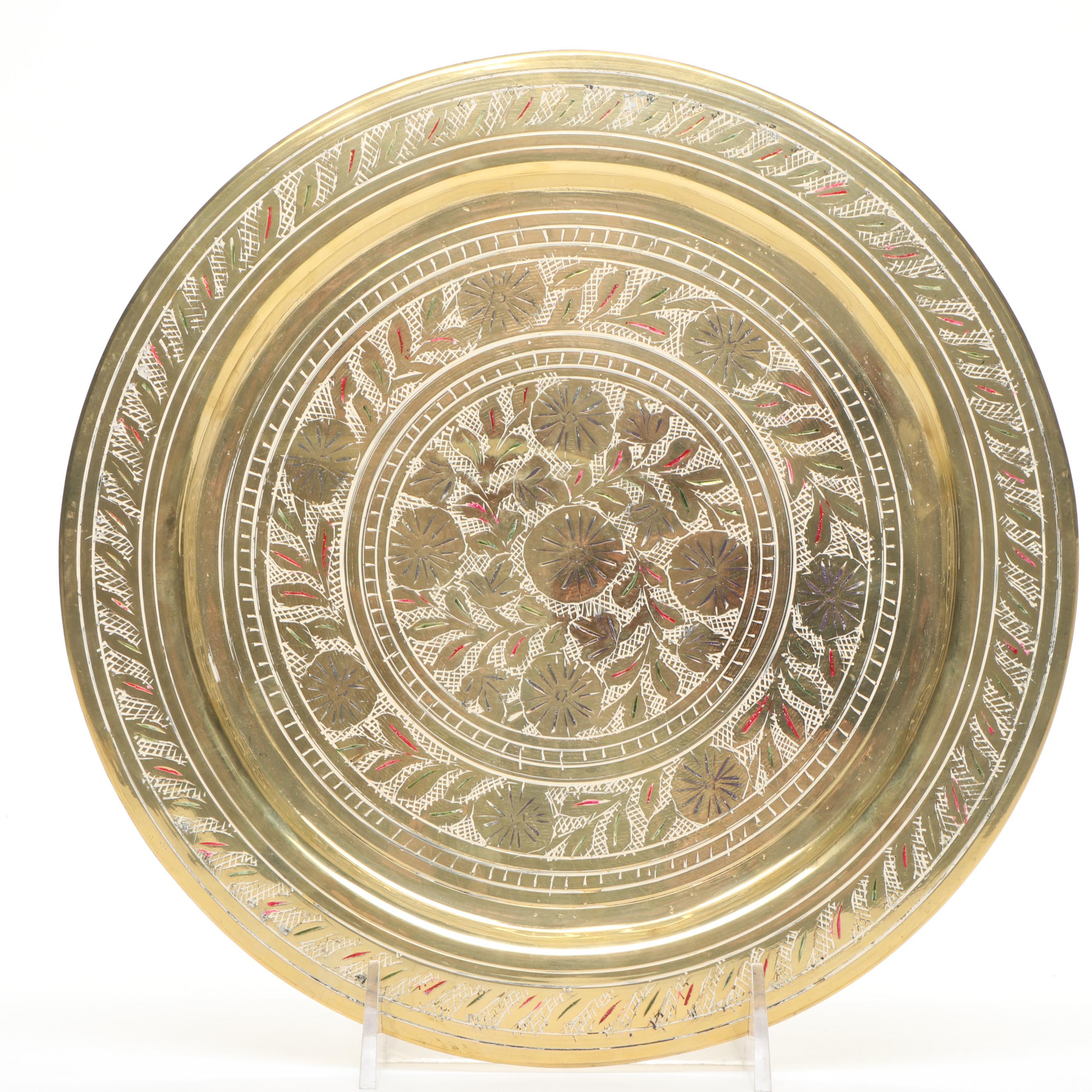 Indian Etched and Painted Brass Tea Set with Serving Tray