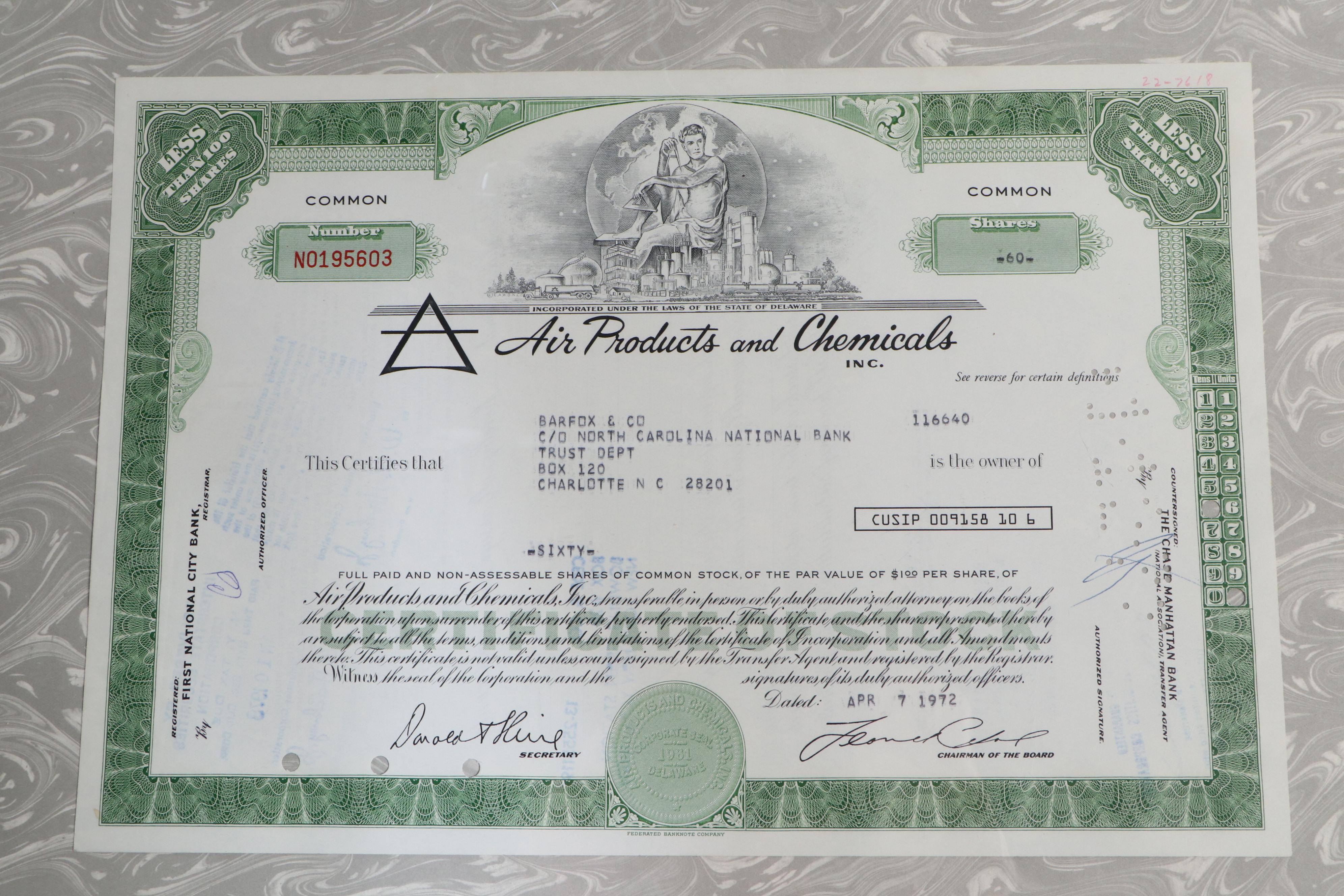 Macy Credit, Air Products and Chemicals and Shulton Stock Certificates