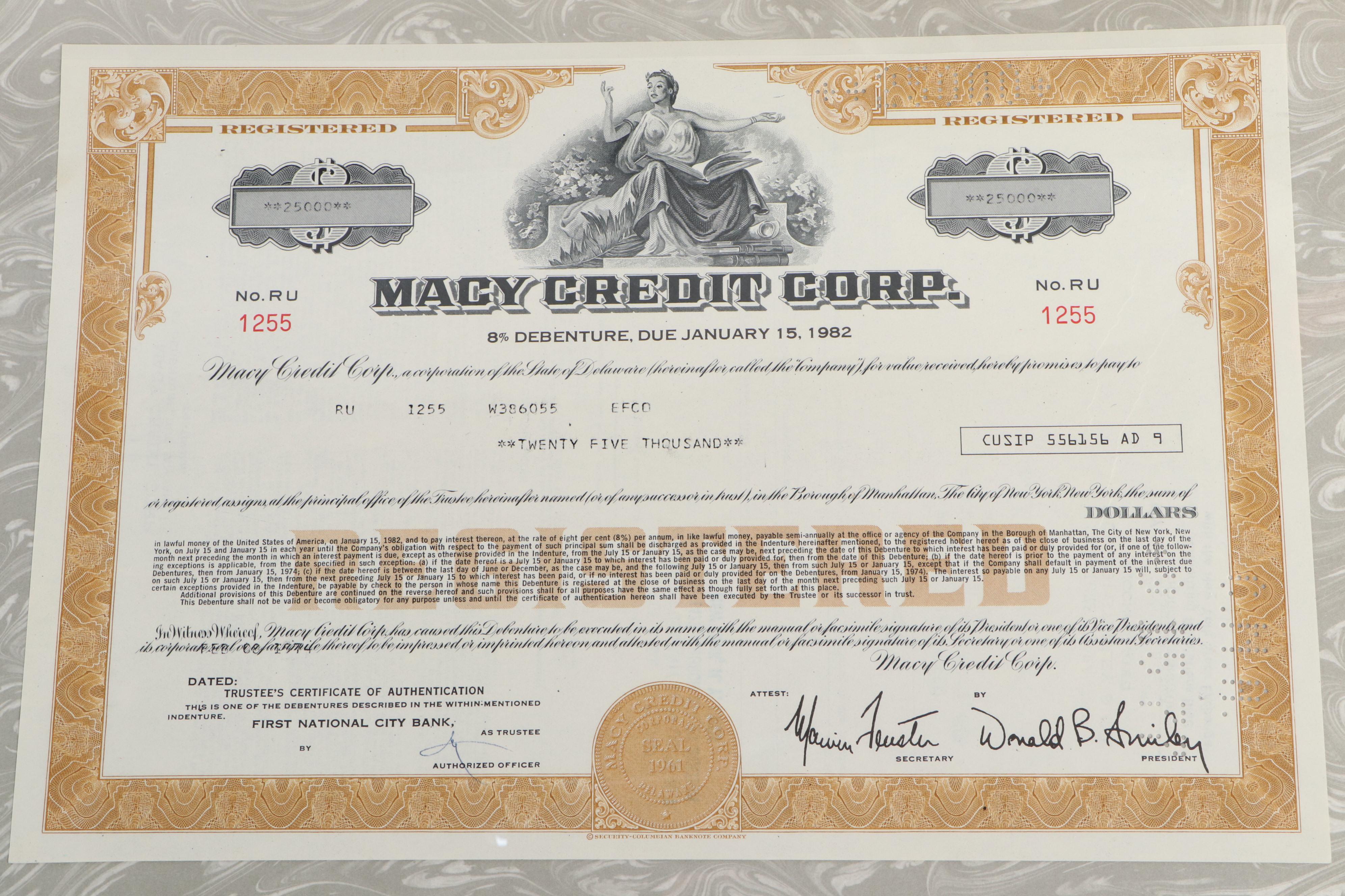 Macy Credit, Air Products and Chemicals and Shulton Stock Certificates