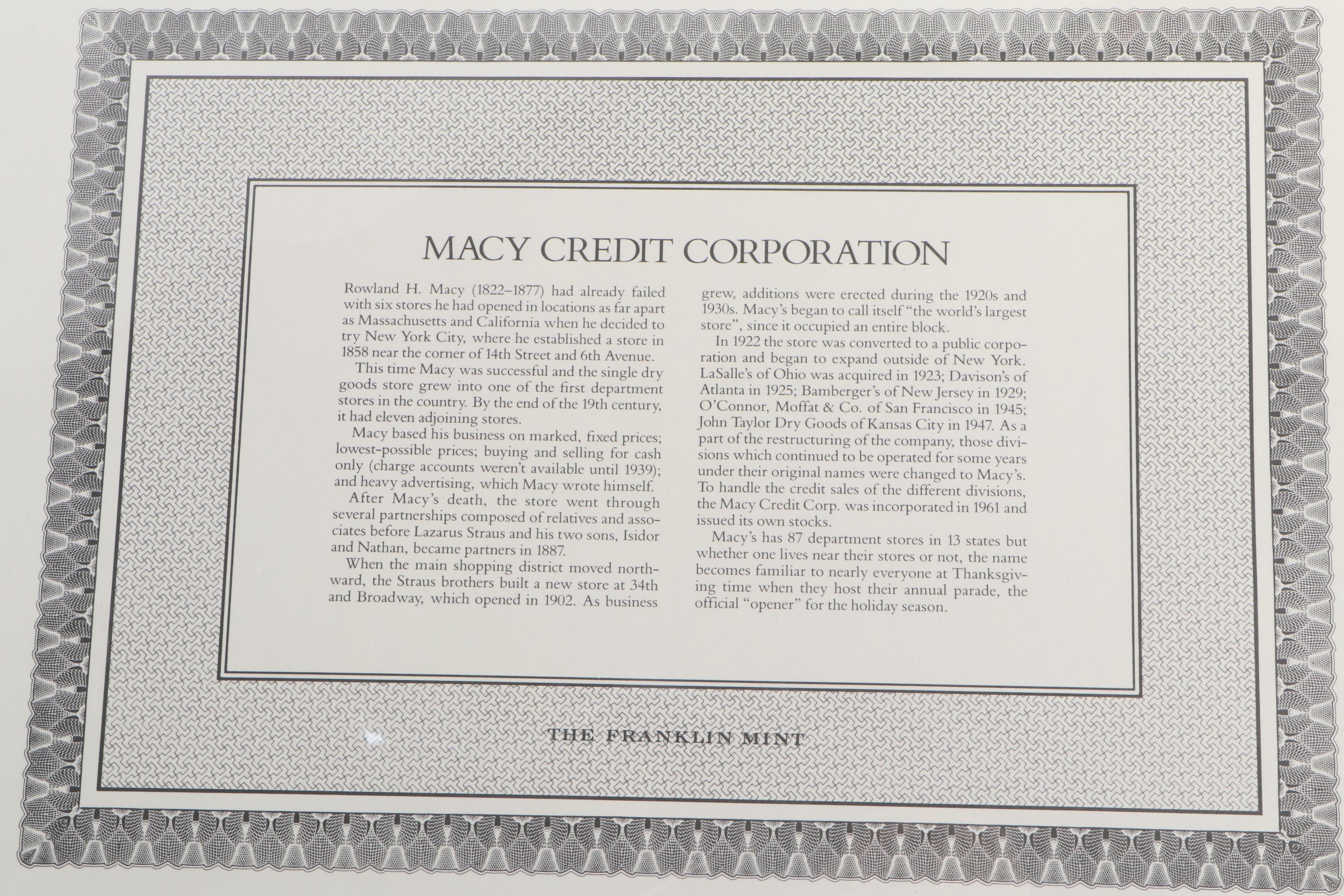 Macy Credit, Air Products and Chemicals and Shulton Stock Certificates