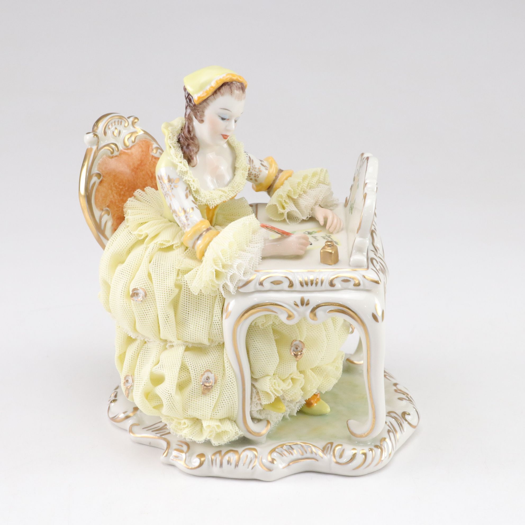 German Franz Witter Lace Porcelain Figurine with Irish Dresden "The Love Letter"