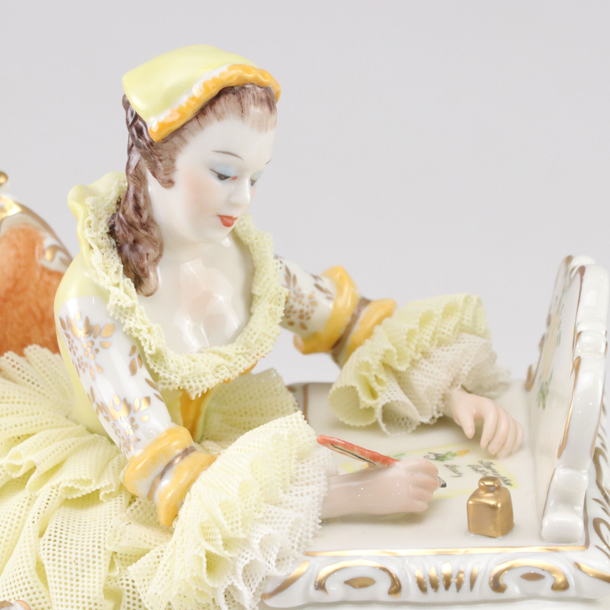 German Franz Witter Lace Porcelain Figurine with Irish Dresden "The Love Letter"