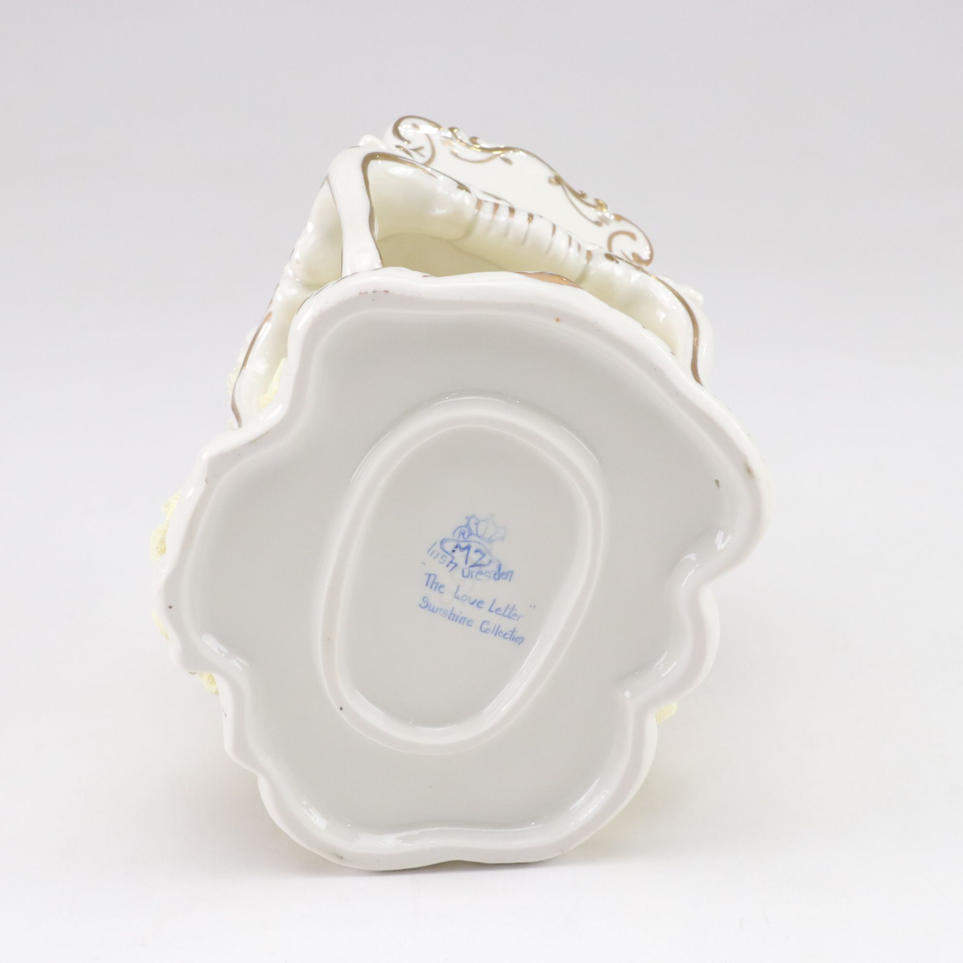 German Franz Witter Lace Porcelain Figurine with Irish Dresden "The Love Letter"