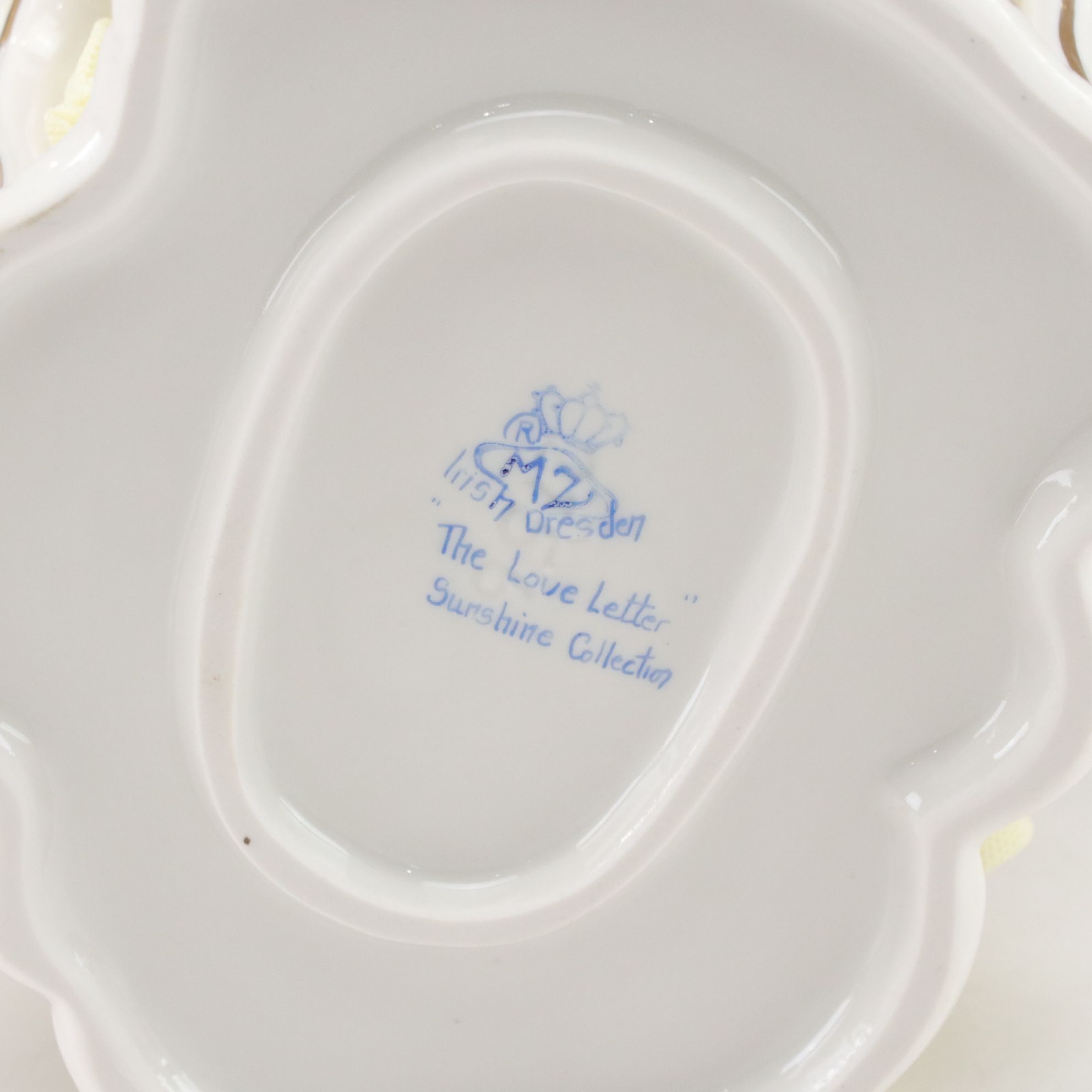 German Franz Witter Lace Porcelain Figurine with Irish Dresden "The Love Letter"