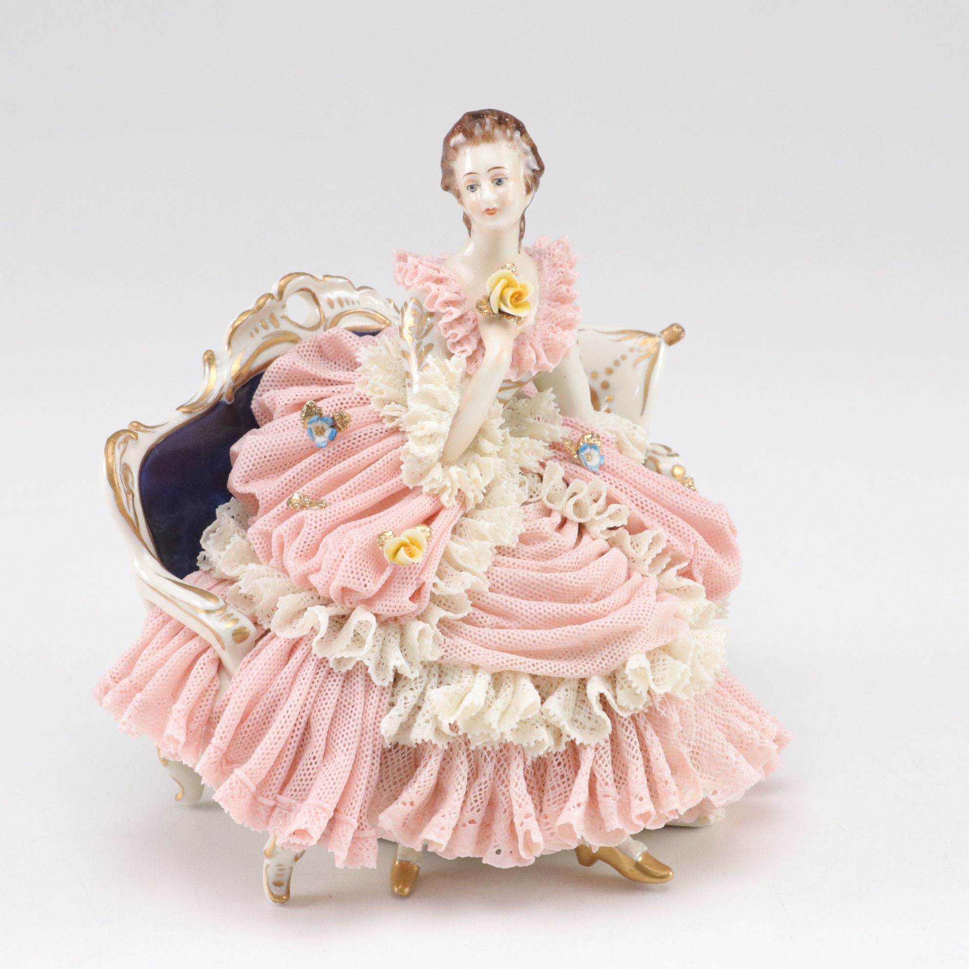 German Franz Witter Lace Porcelain Figurine with Irish Dresden "The Love Letter"