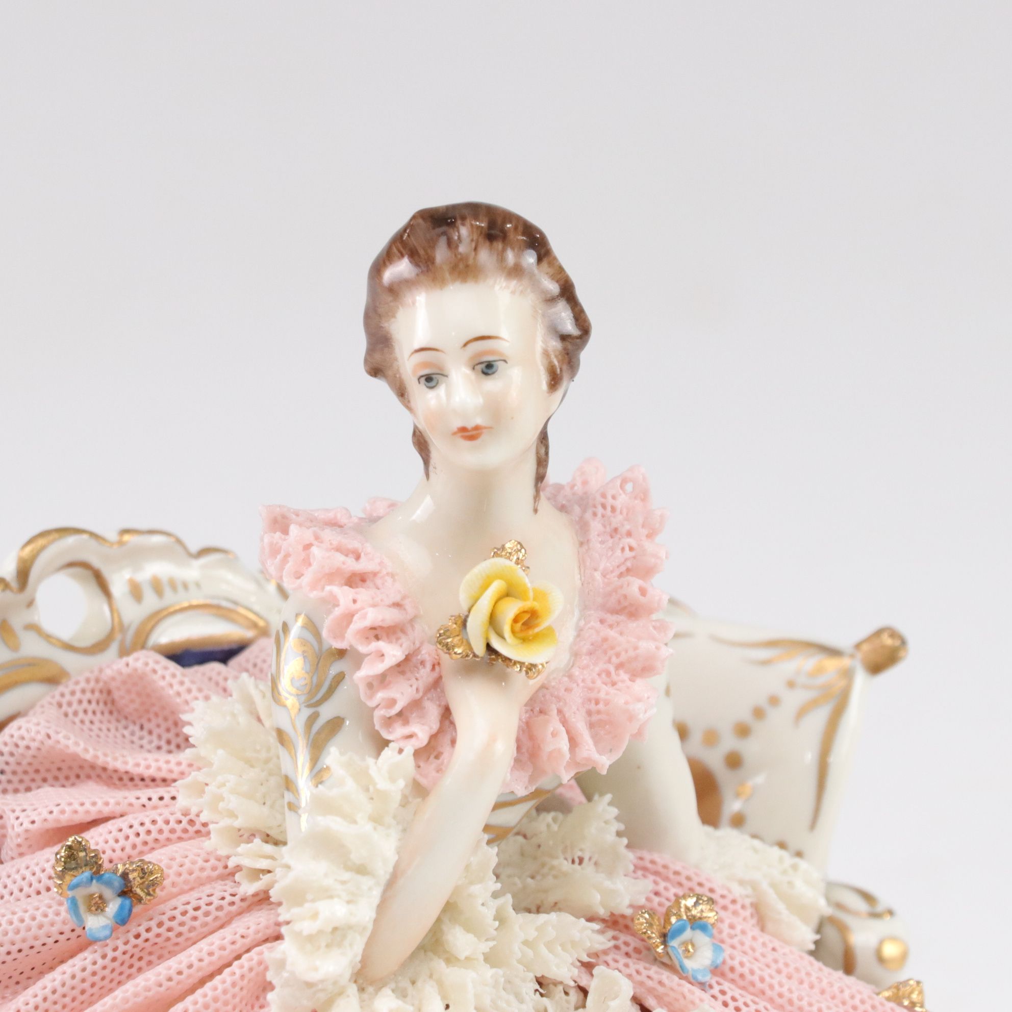 German Franz Witter Lace Porcelain Figurine with Irish Dresden "The Love Letter"