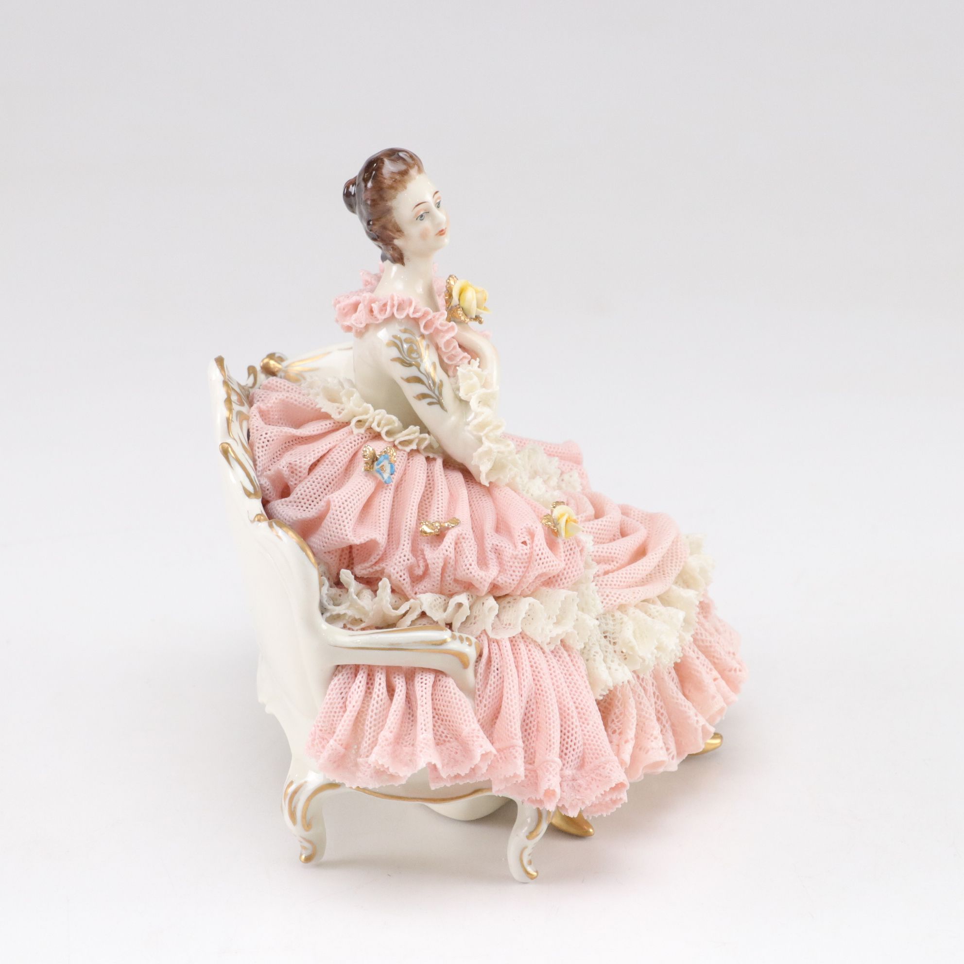 German Franz Witter Lace Porcelain Figurine with Irish Dresden "The Love Letter"