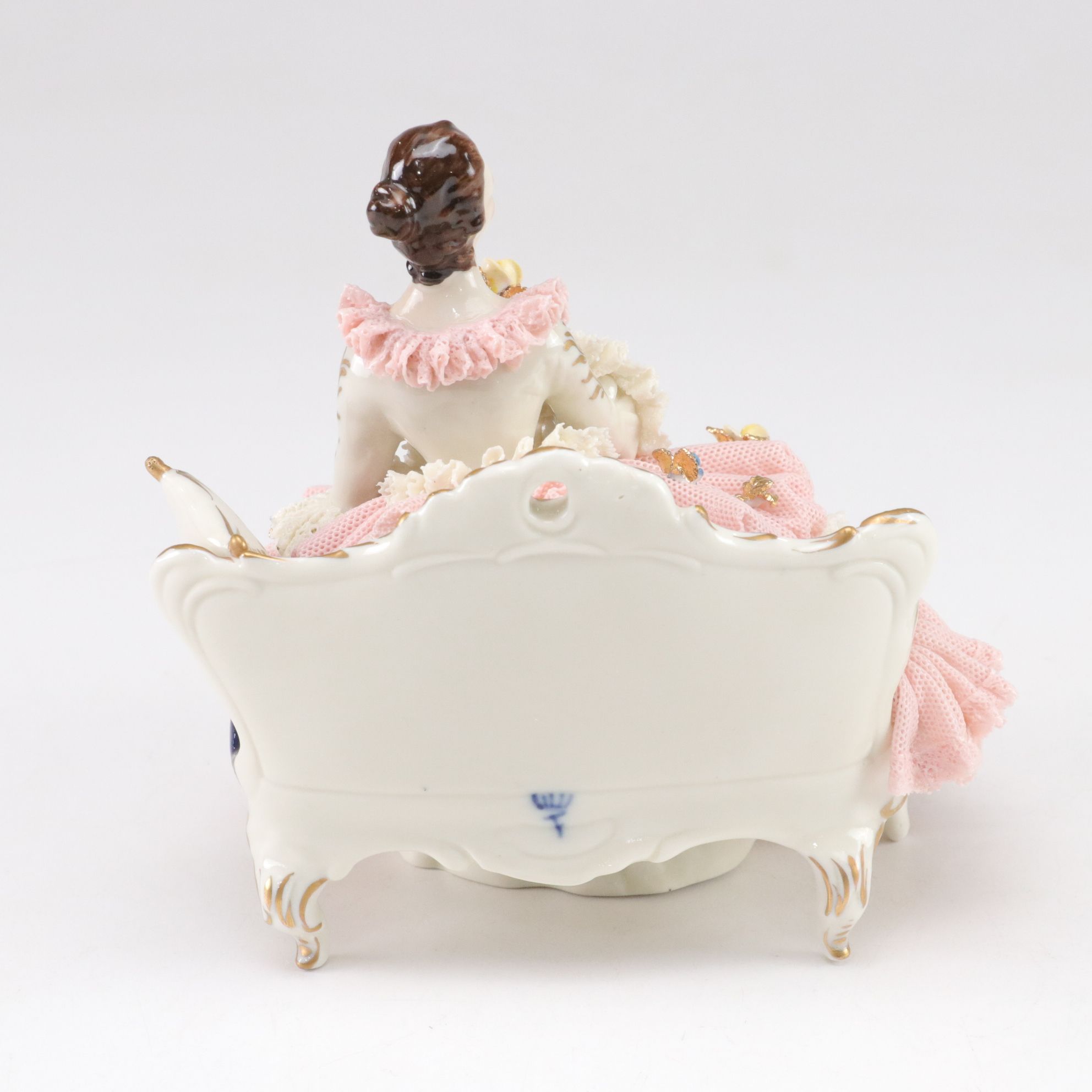 German Franz Witter Lace Porcelain Figurine with Irish Dresden "The Love Letter"