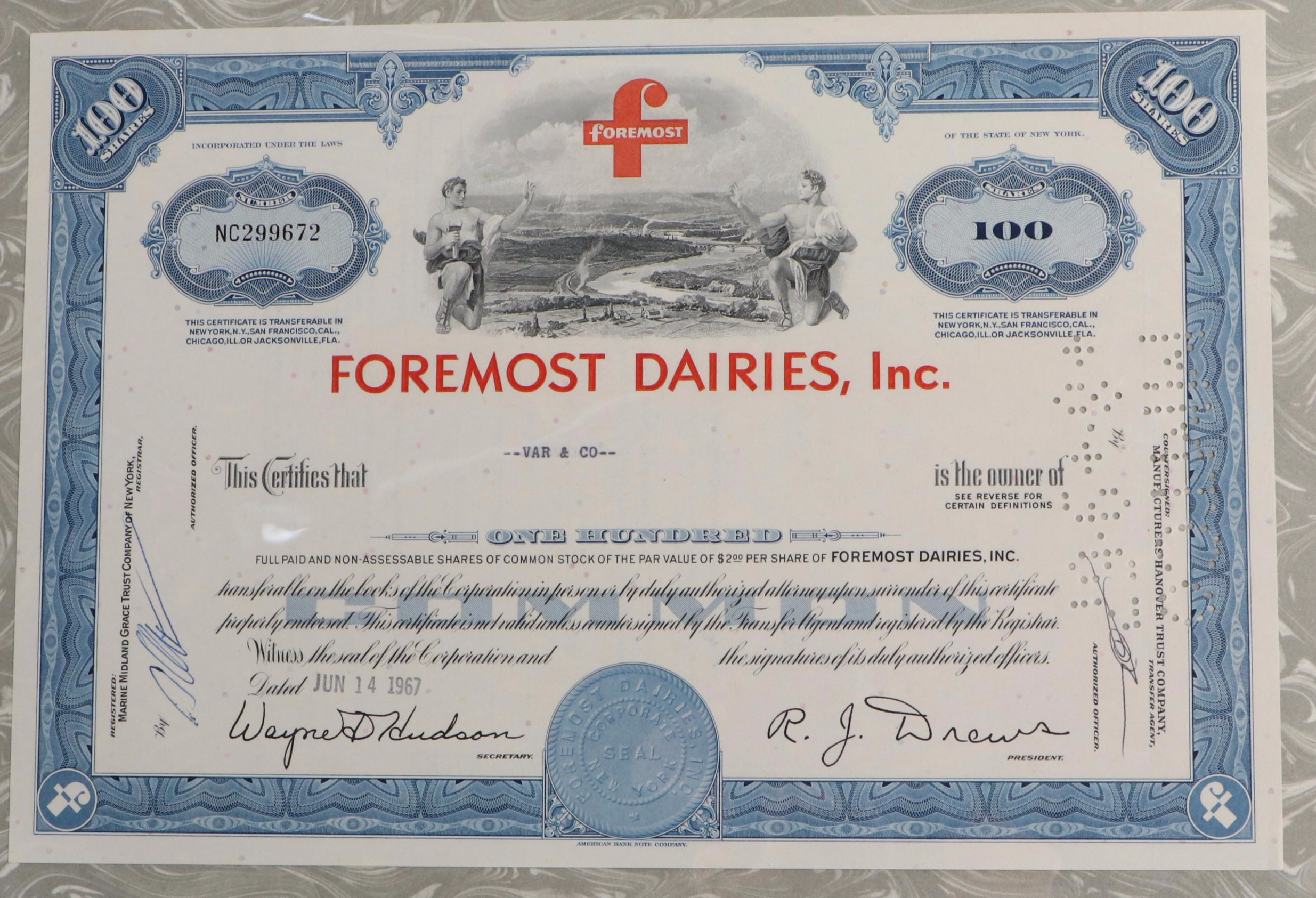Foremost Dairies, Calumet & Hecla and Rayette-Faberge Stock Certificates, 1967
