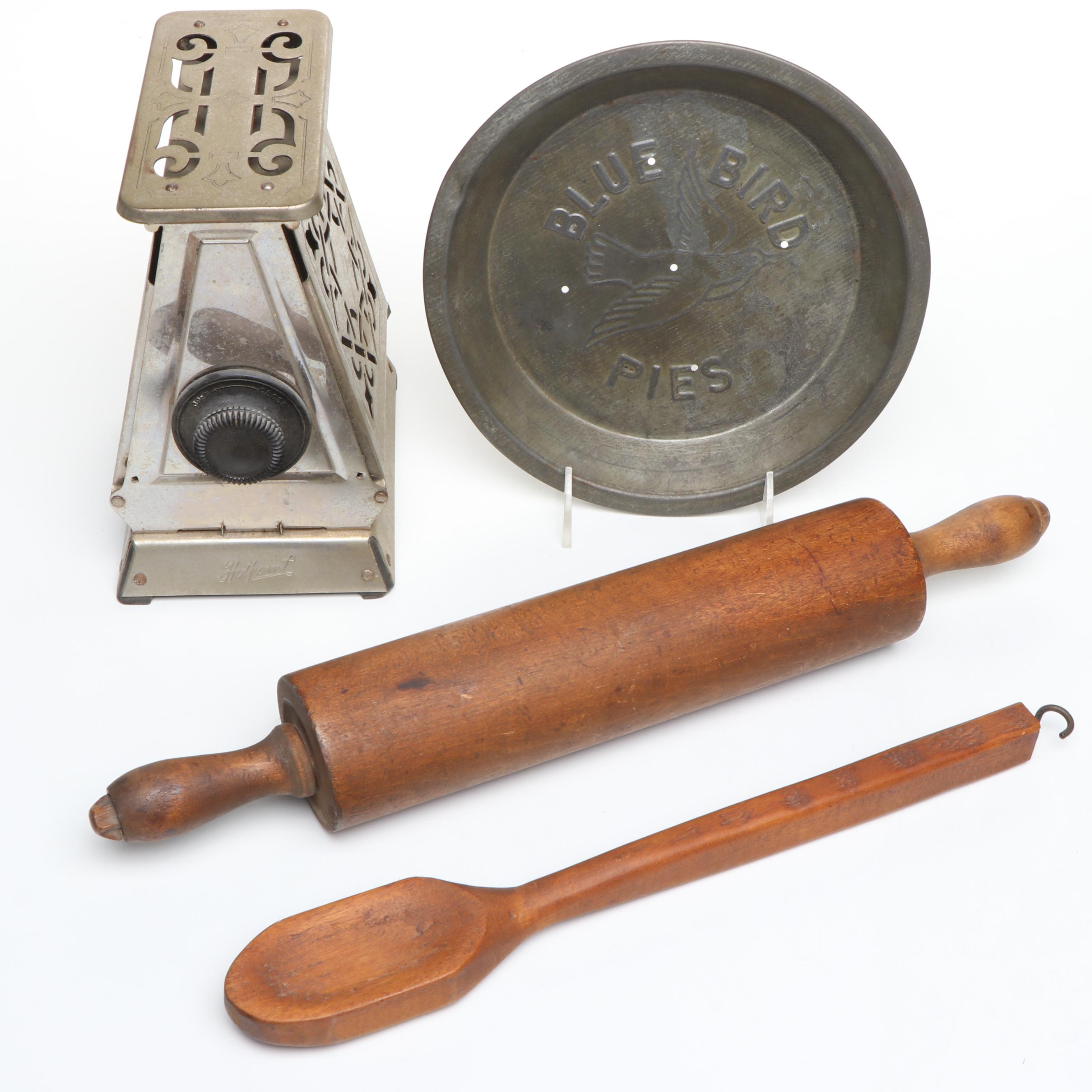 Edison Electric Hotpoint Toaster with Wooden Kitchen Utensils and Pie Pan