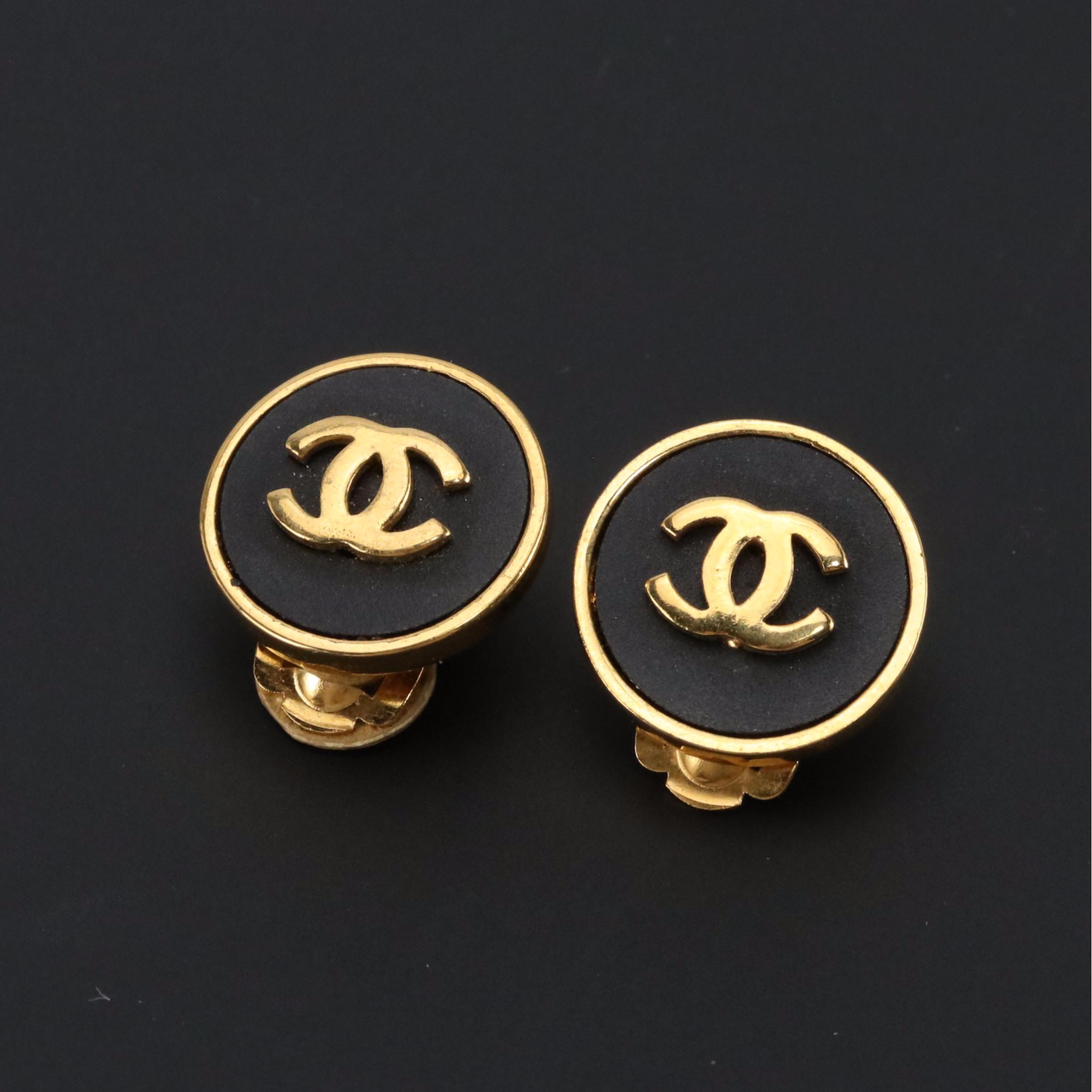 Chanel CC Gold Tone Button Clip Earrings