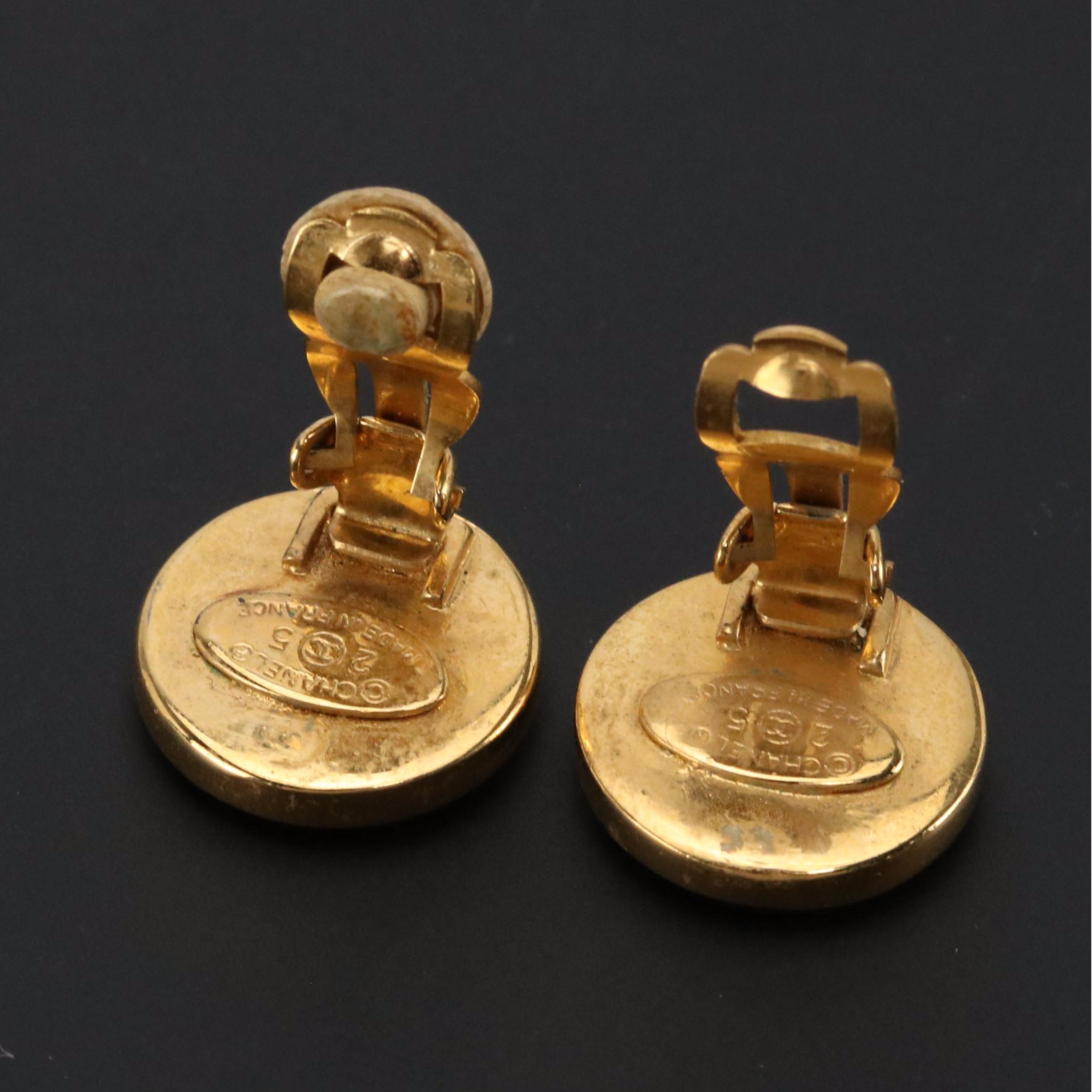 Chanel CC Gold Tone Button Clip Earrings
