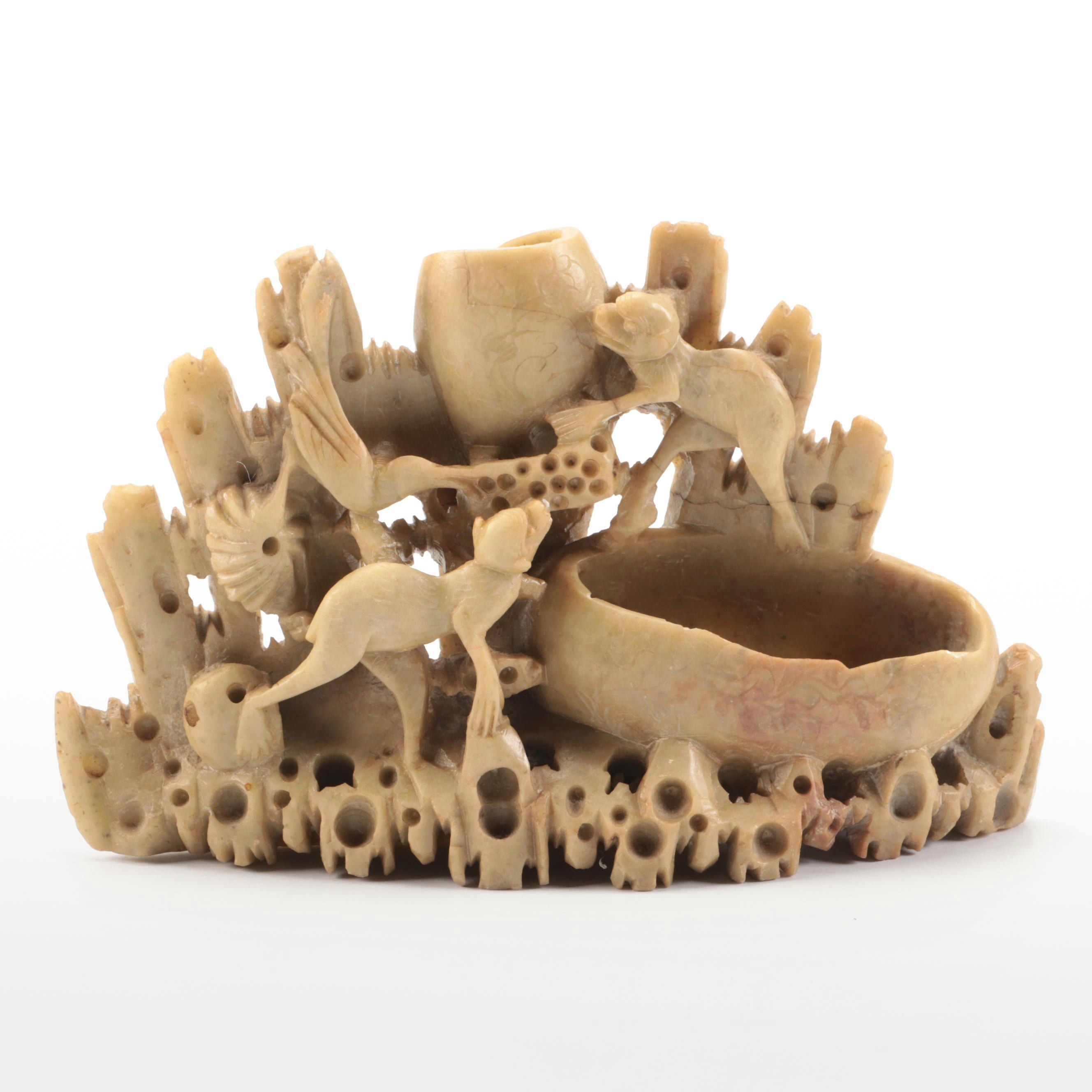 Chinese Carved Monkeys Soapstone Brush Pot