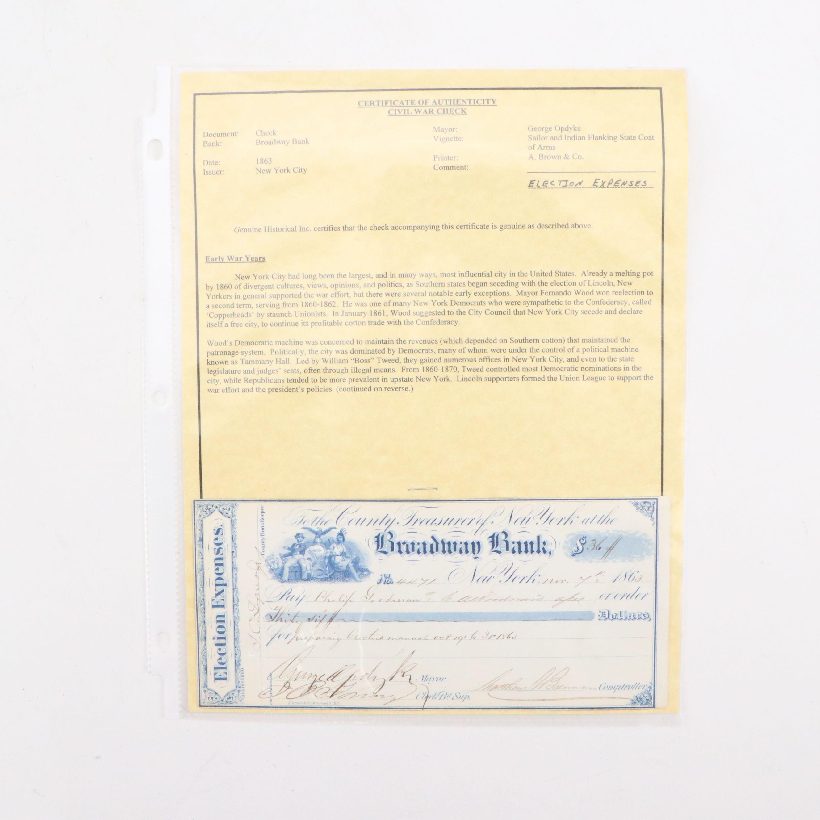 1863 George Opdyke Signed Election Expenses Check with Stock Certificates