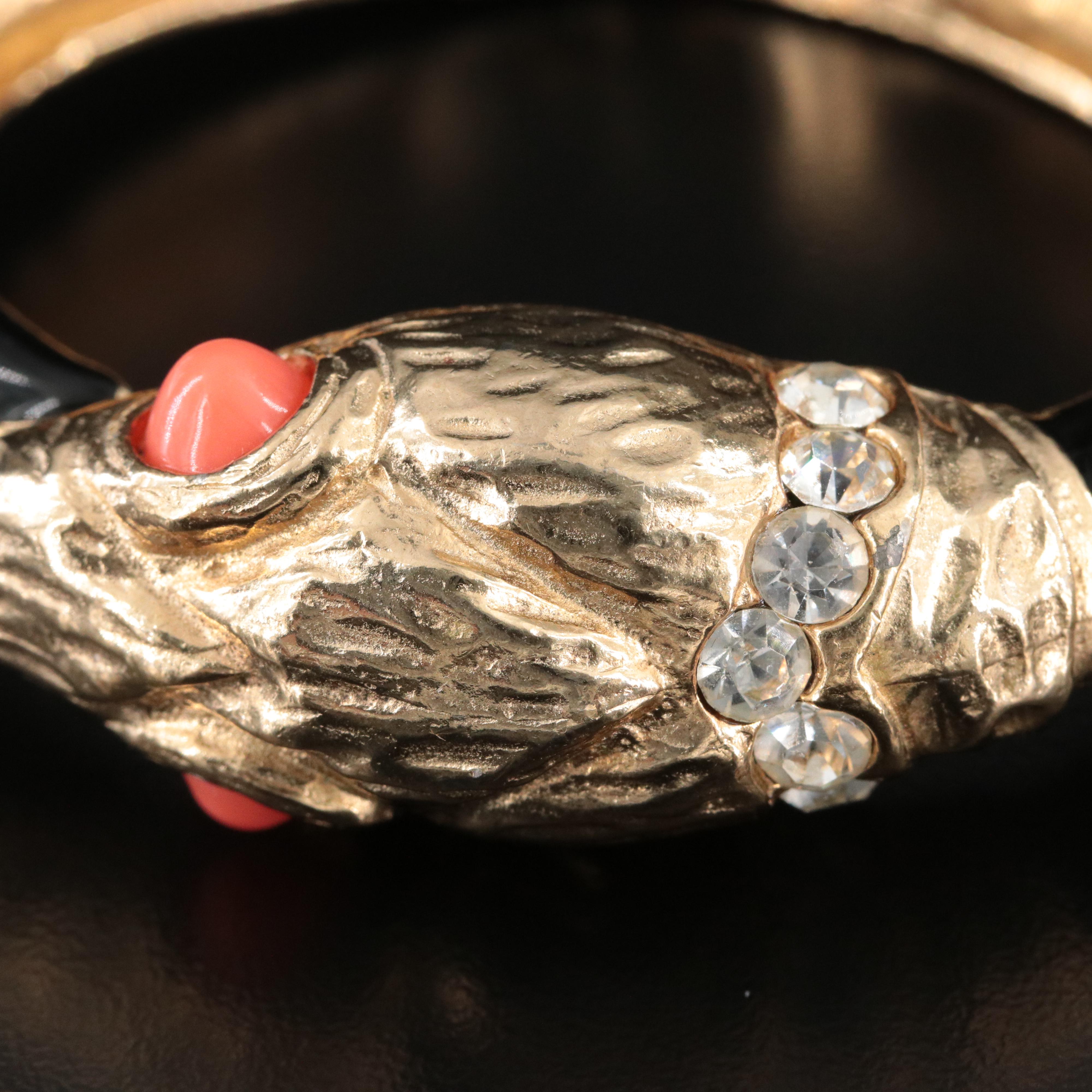 Vintage Enamel, Rhinestone and Faux Coral Snake Head Bracelet