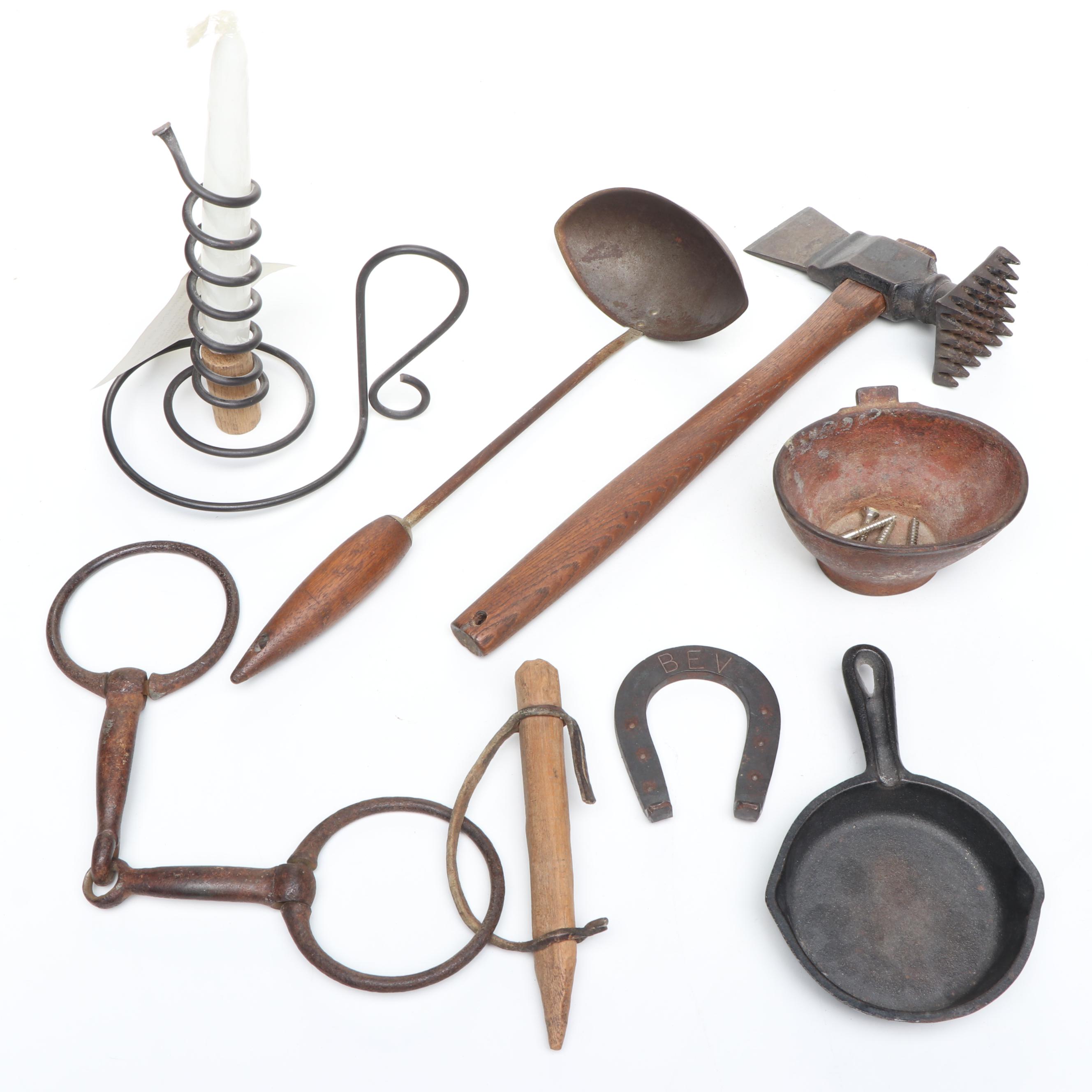Cast Iron Kitchen Utensils with Horse Bit and Courting Candle