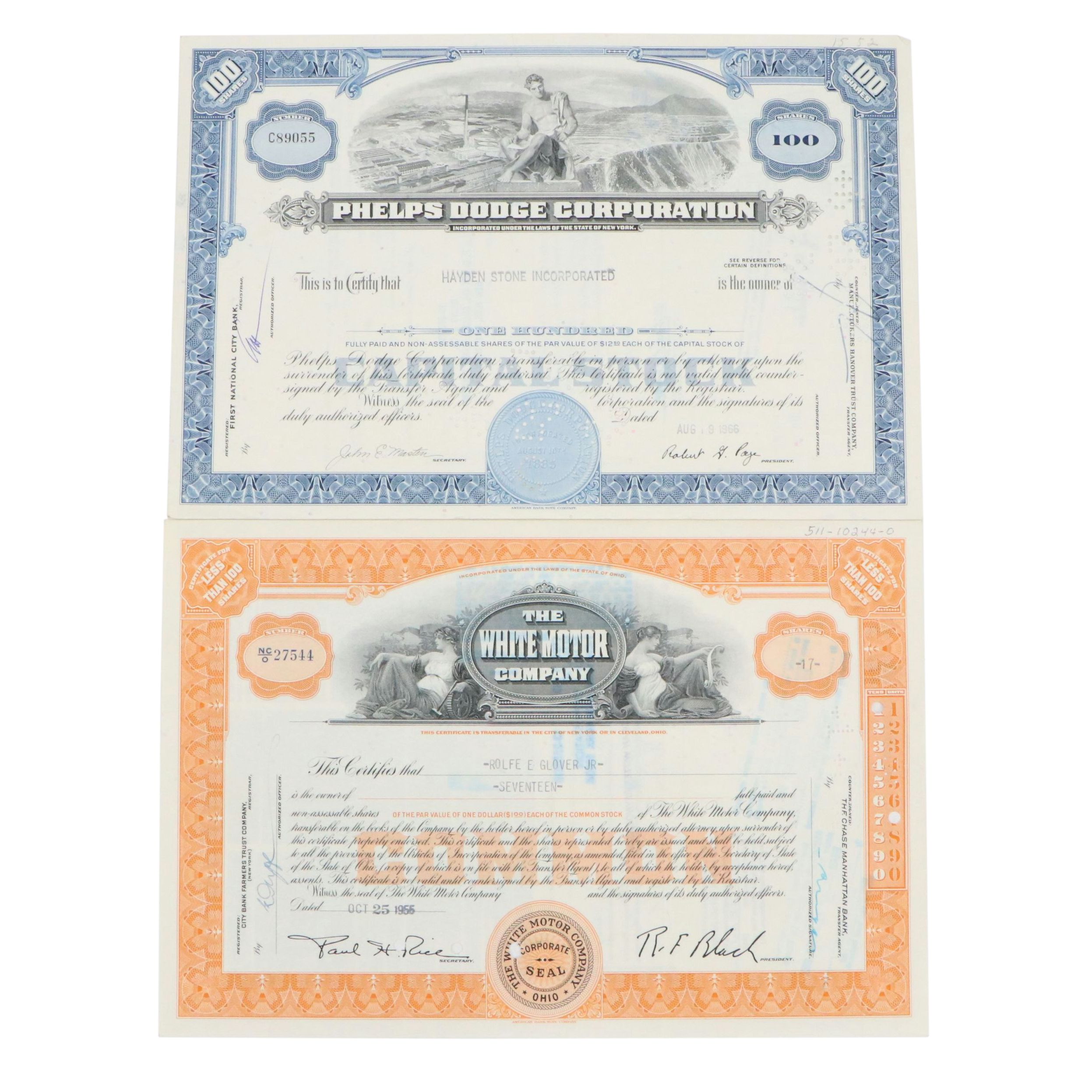 White Motor and Phelps Dodge Stock Certificates, Mid-20th Century