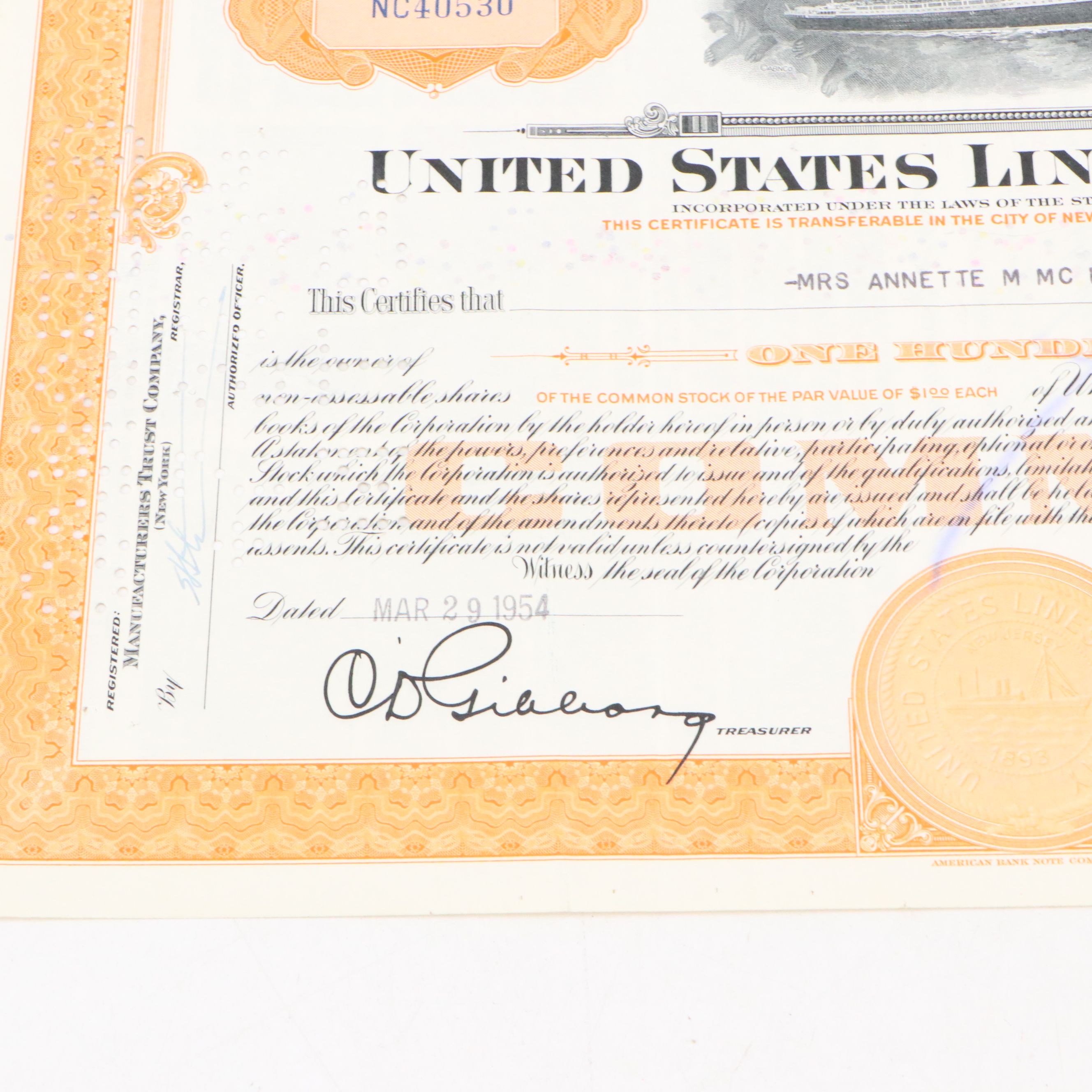 1961 Sterling Precision and 1954 United States Lines Company Stock Certificates