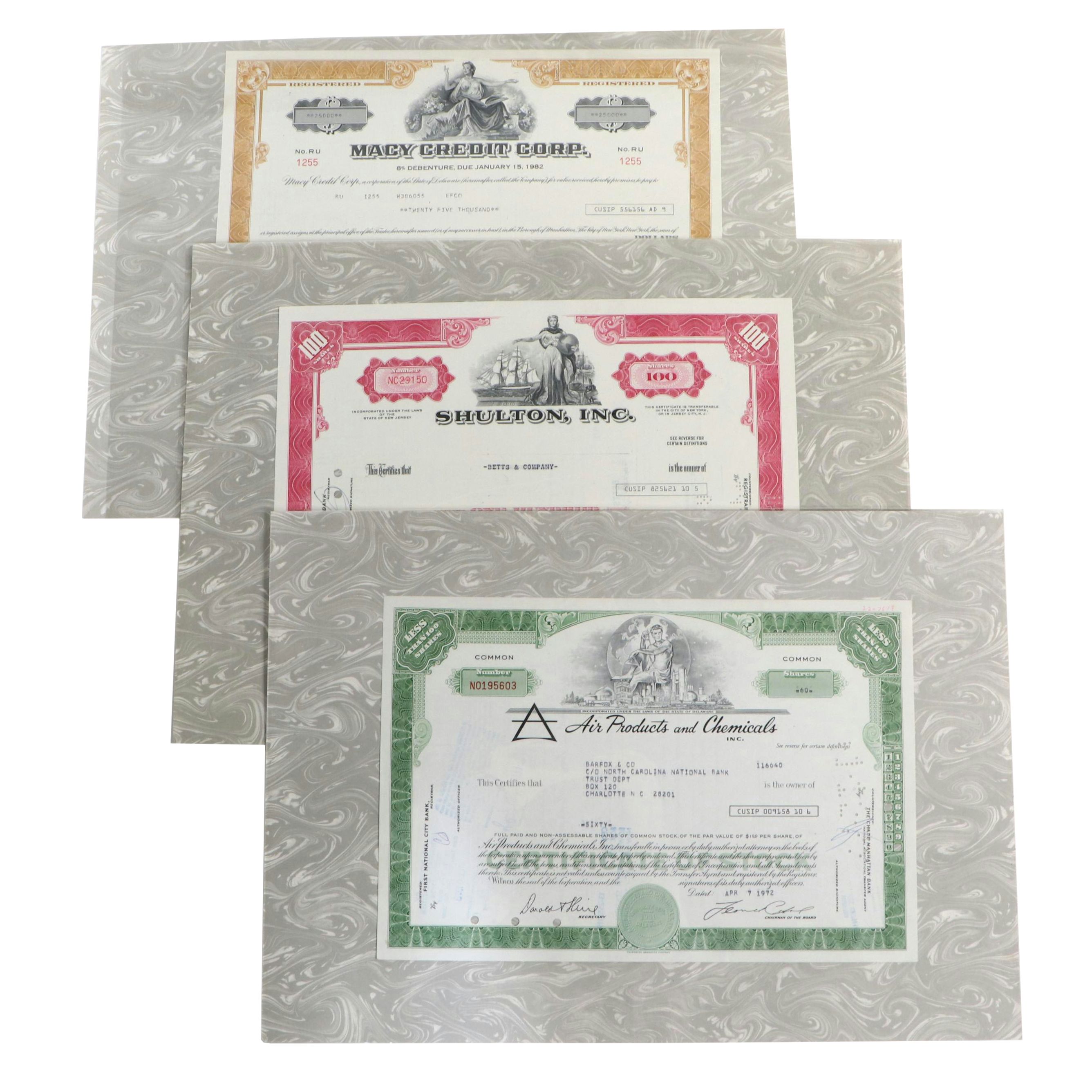 Macy Credit, Air Products and Chemicals and Shulton Stock Certificates
