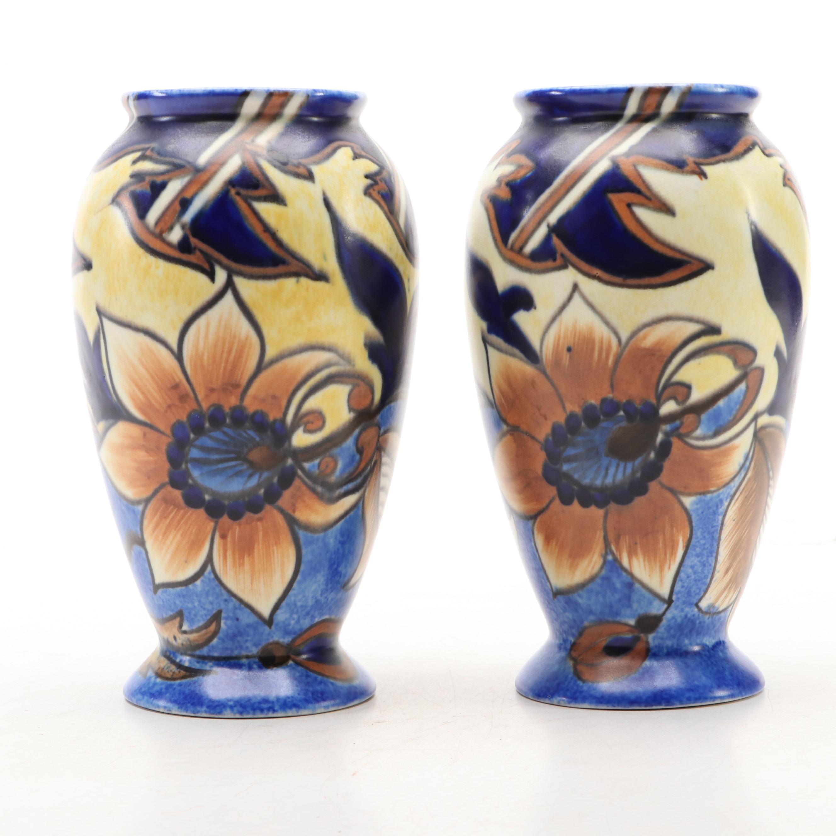 Pair of Clews  & Co. Chameleon Ware Hand-Painted Ceramic Vases