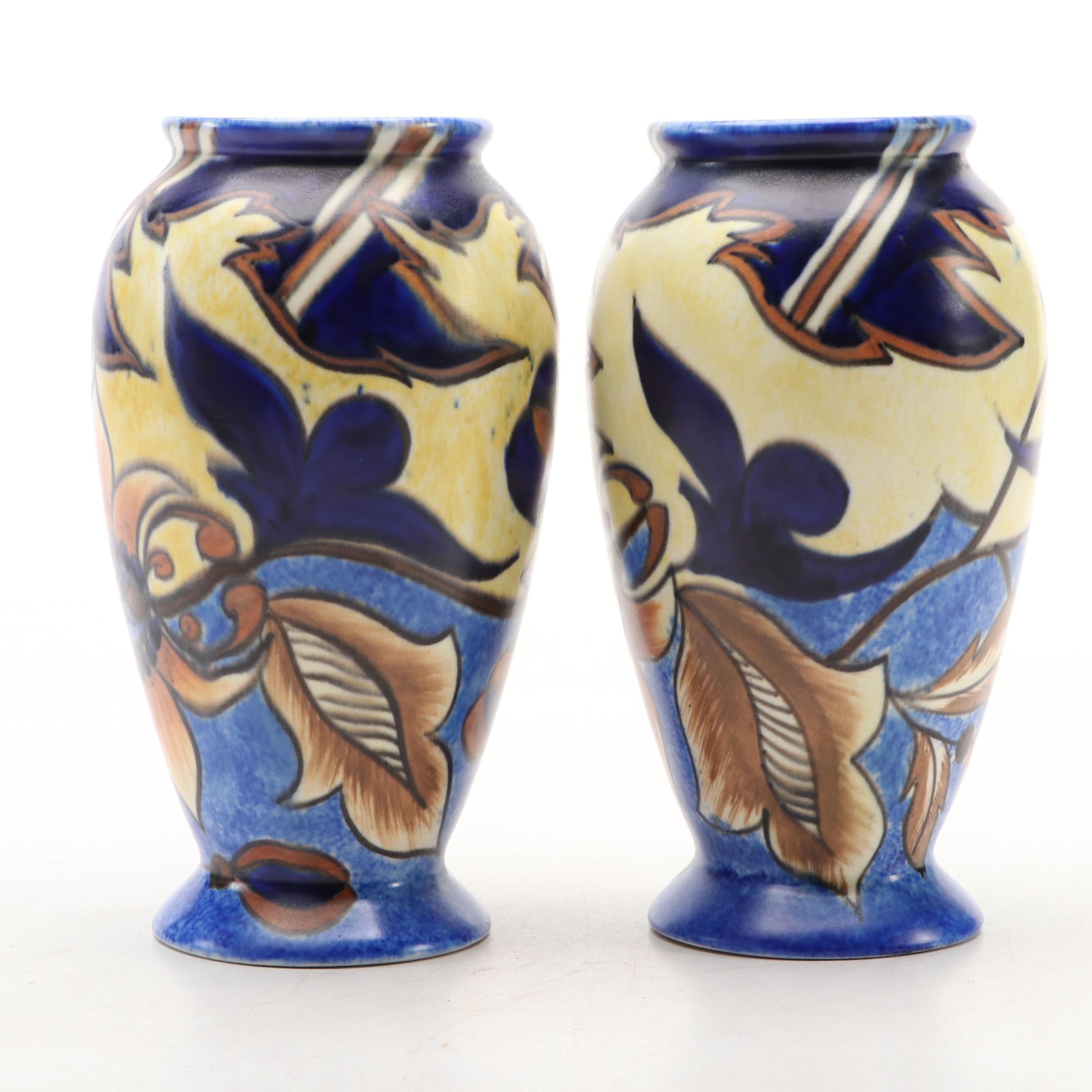 Pair of Clews  & Co. Chameleon Ware Hand-Painted Ceramic Vases