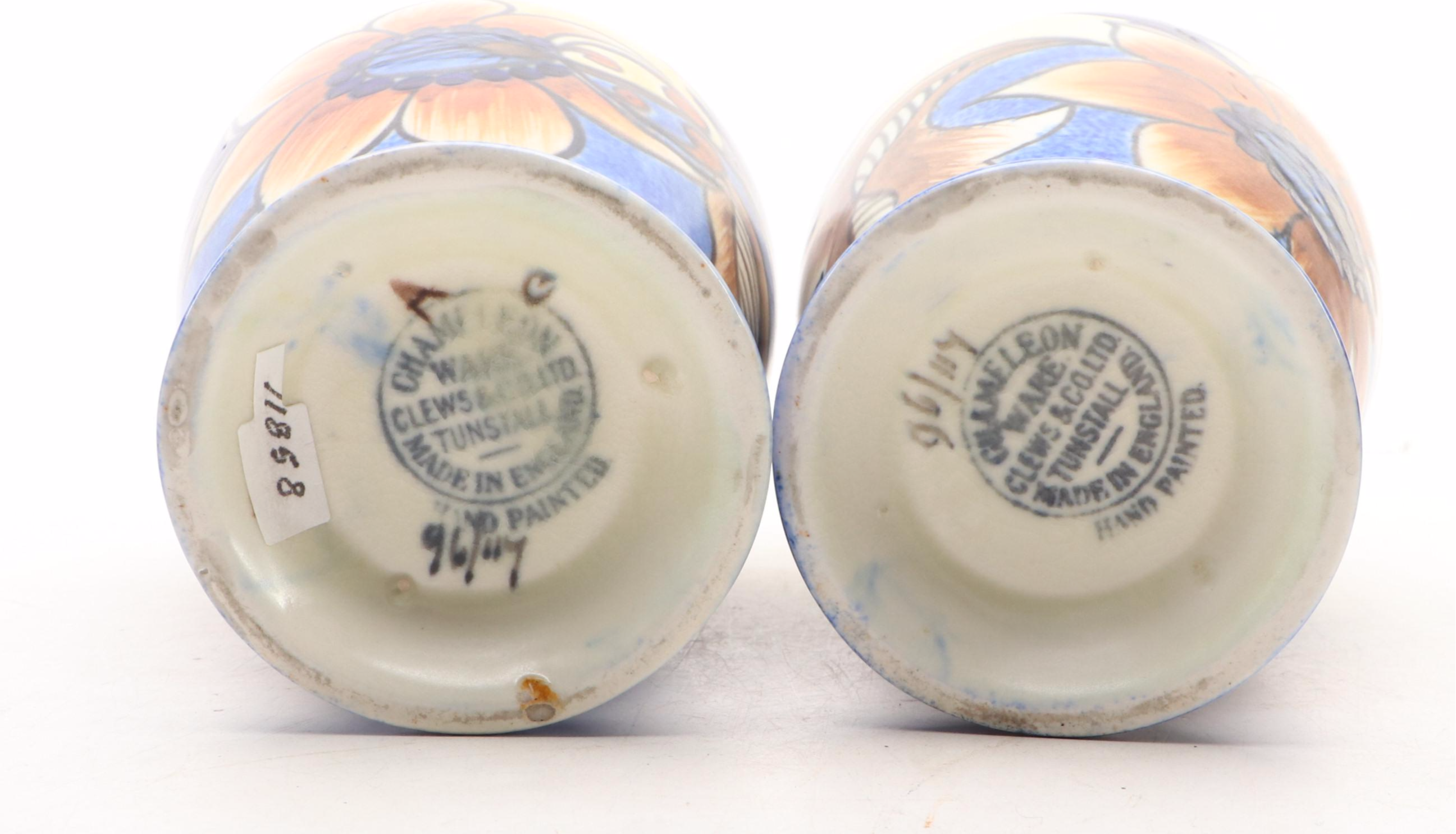 Pair of Clews  & Co. Chameleon Ware Hand-Painted Ceramic Vases