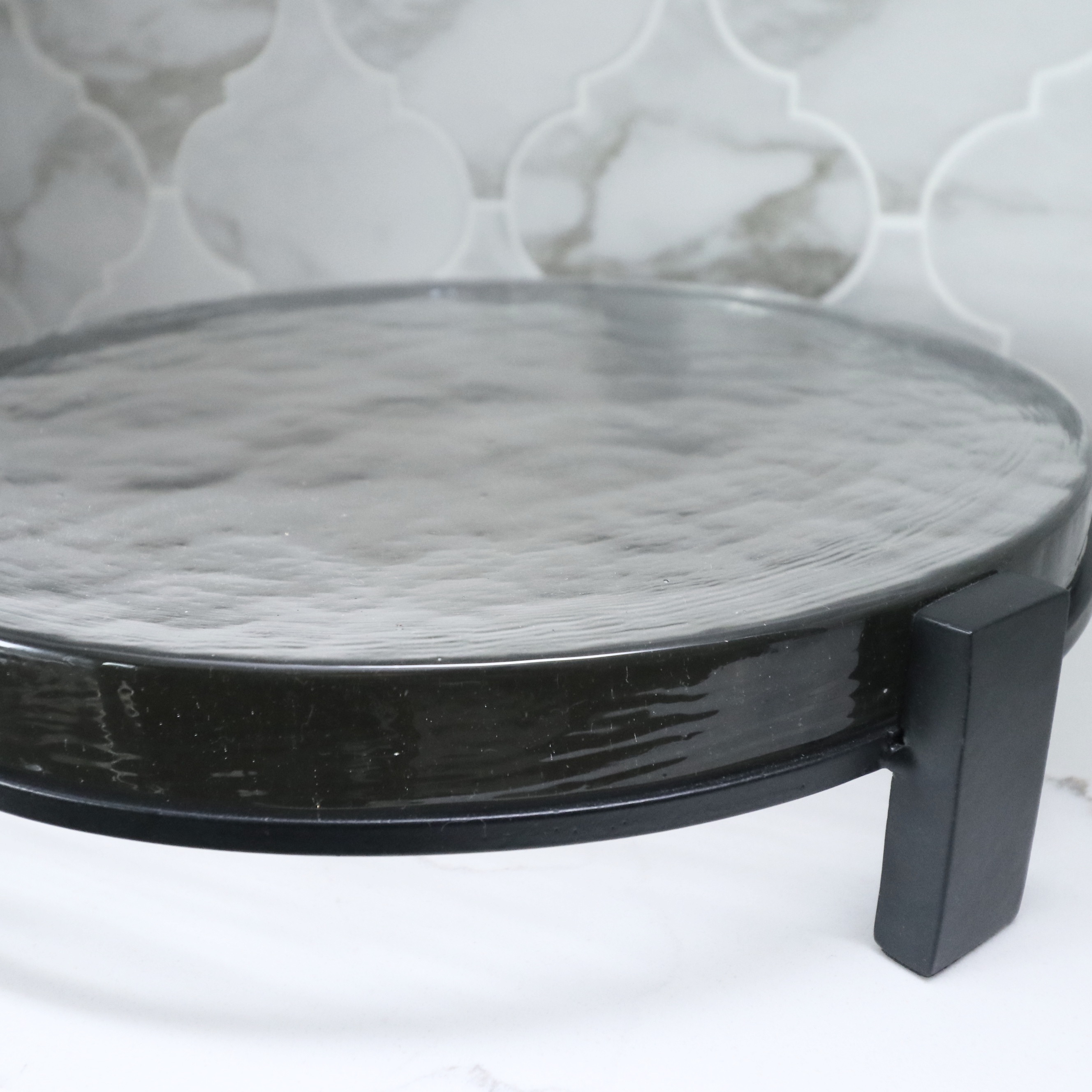 Footed Glass Tray with Decanters, Surya Mercury Glass Vases and Serving Boards