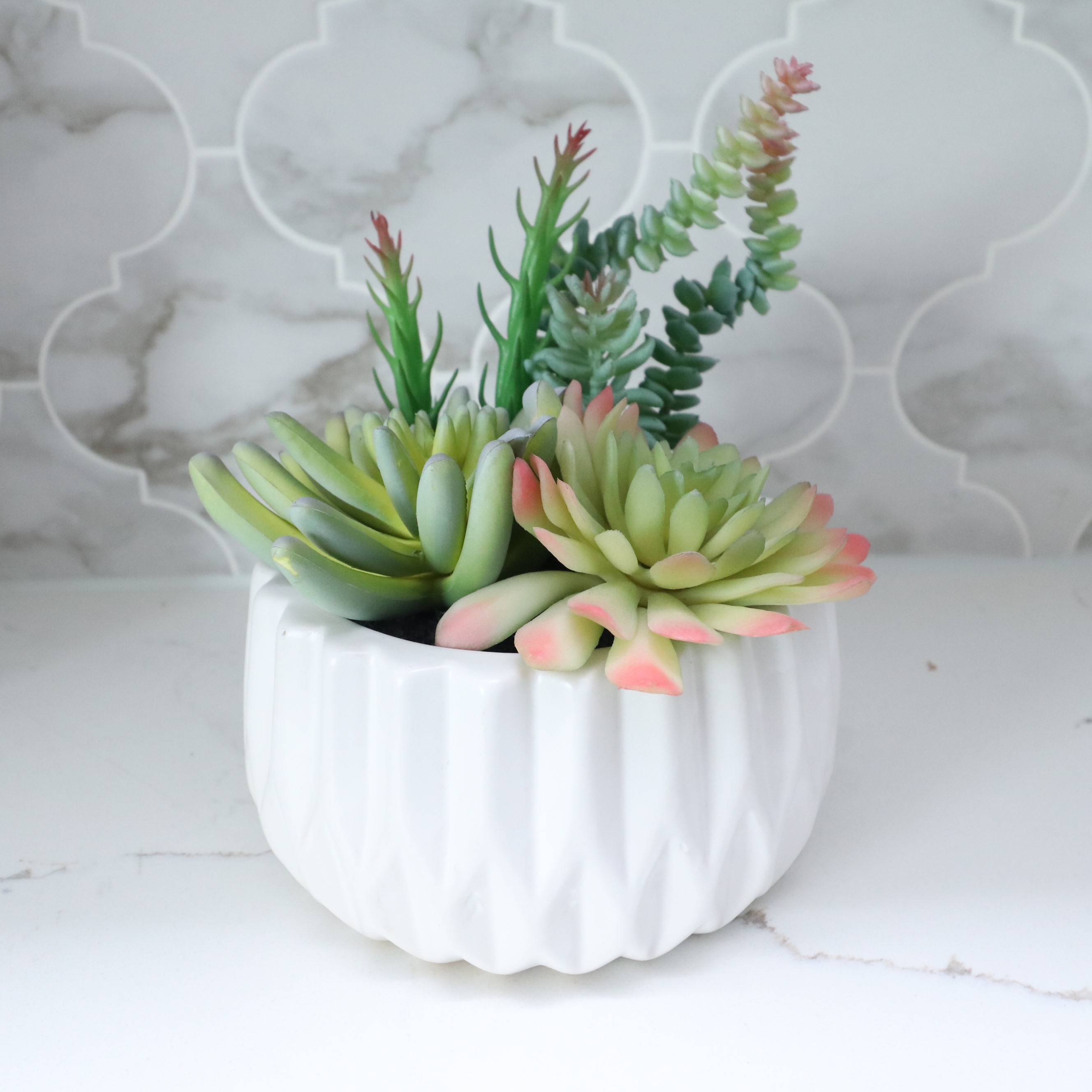 Footed Glass Tray with Decanters, Surya Mercury Glass Vases and Serving Boards