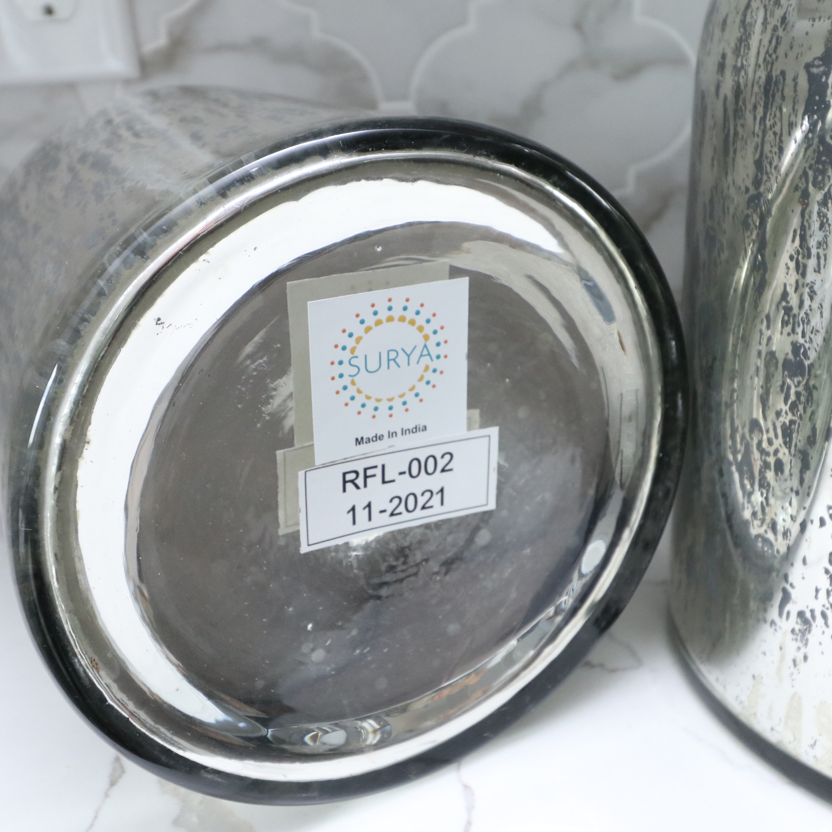 Footed Glass Tray with Decanters, Surya Mercury Glass Vases and Serving Boards