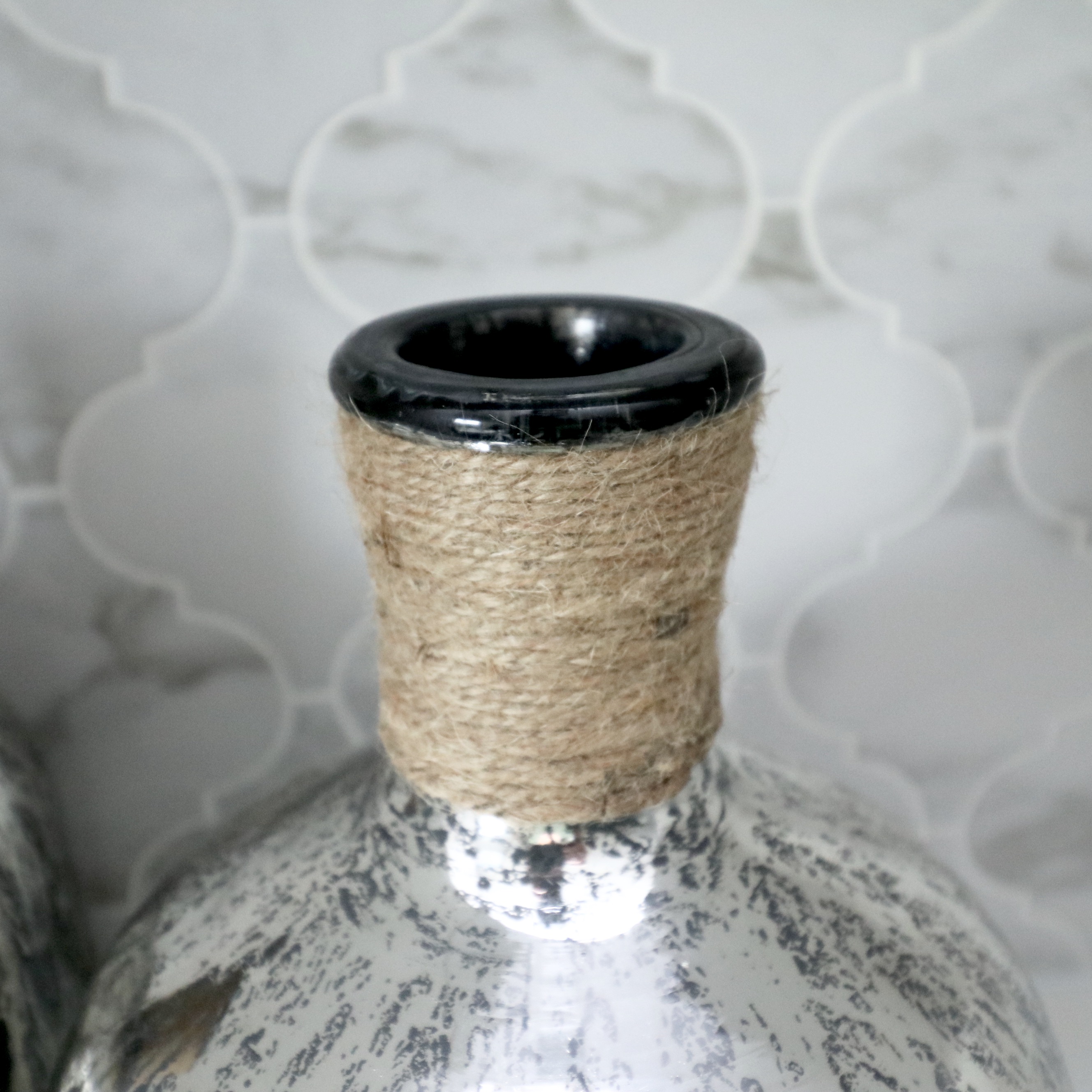 Footed Glass Tray with Decanters, Surya Mercury Glass Vases and Serving Boards