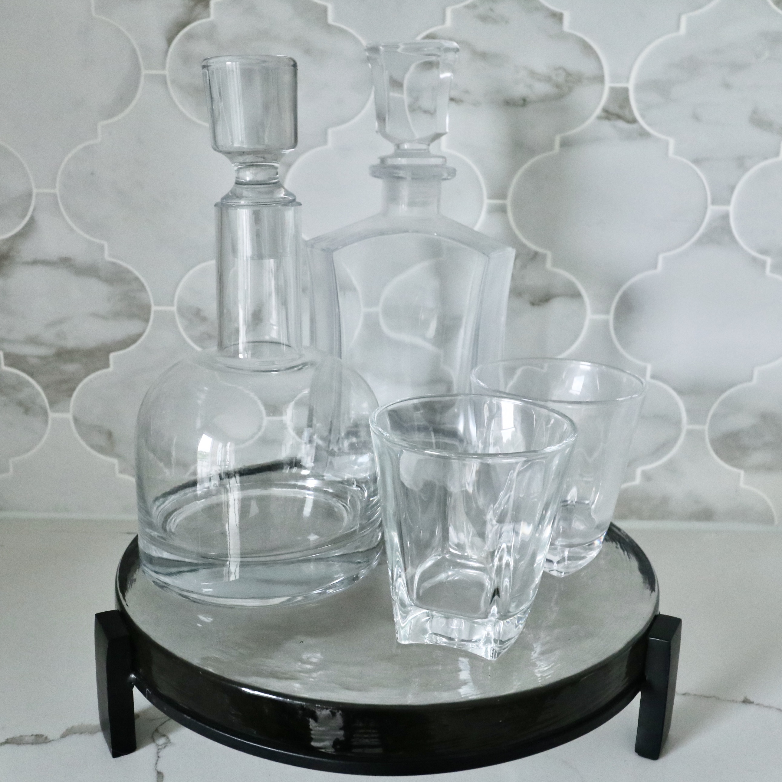 Footed Glass Tray with Decanters, Surya Mercury Glass Vases and Serving Boards