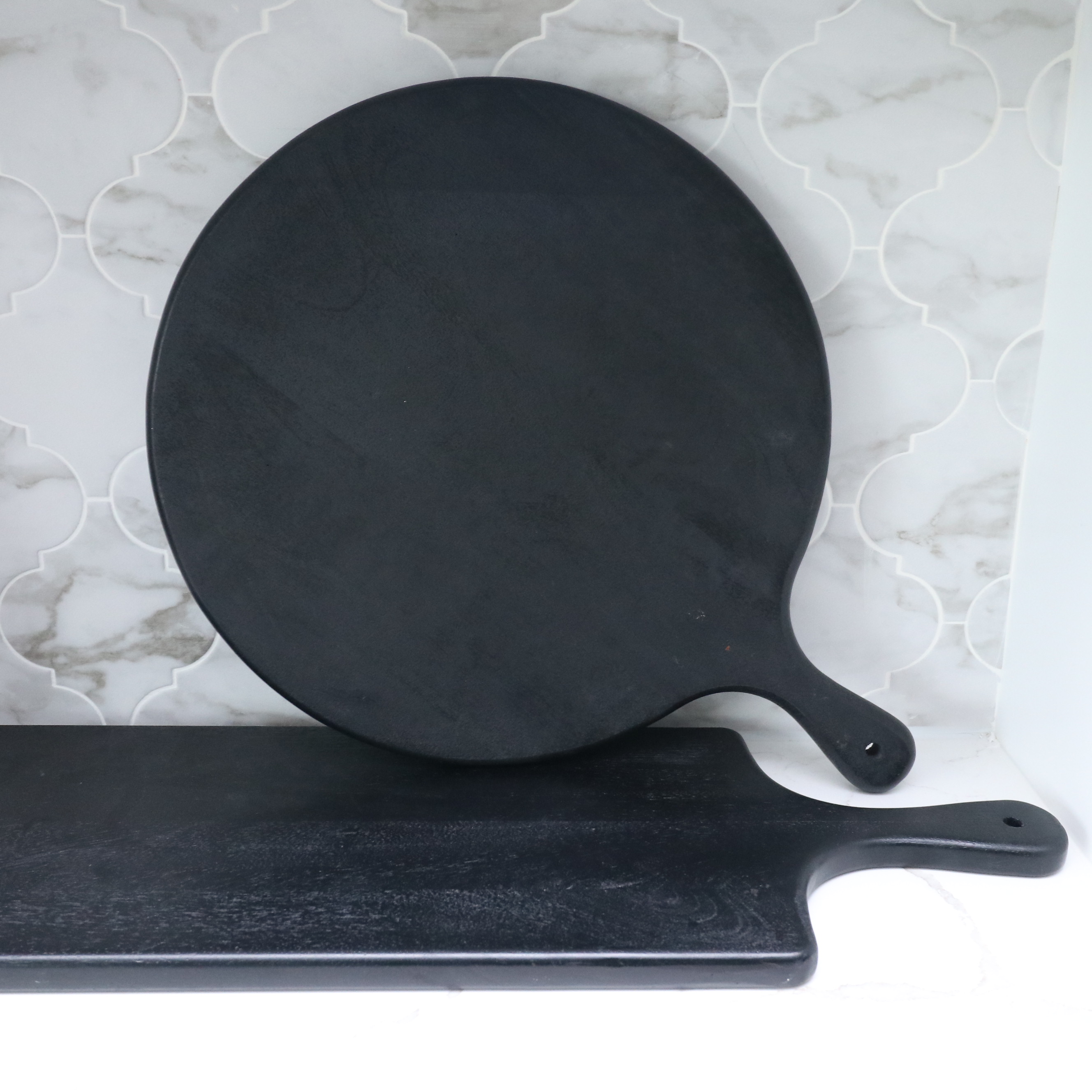 Footed Glass Tray with Decanters, Surya Mercury Glass Vases and Serving Boards