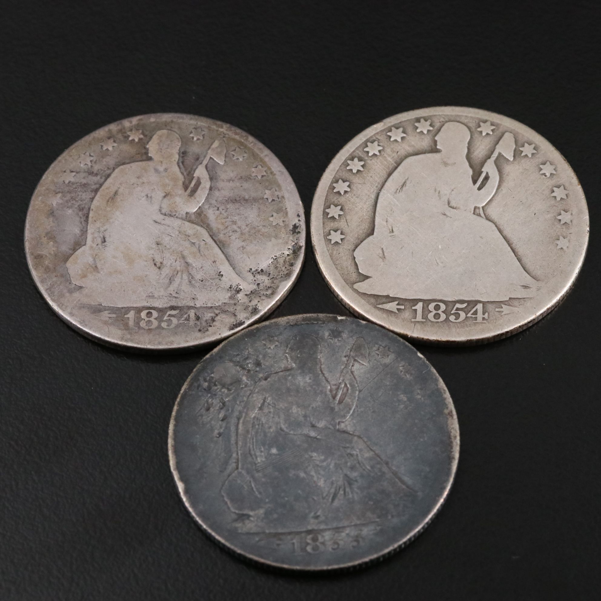 Three Seated Liberty Silver Half Dollars Including an 1855