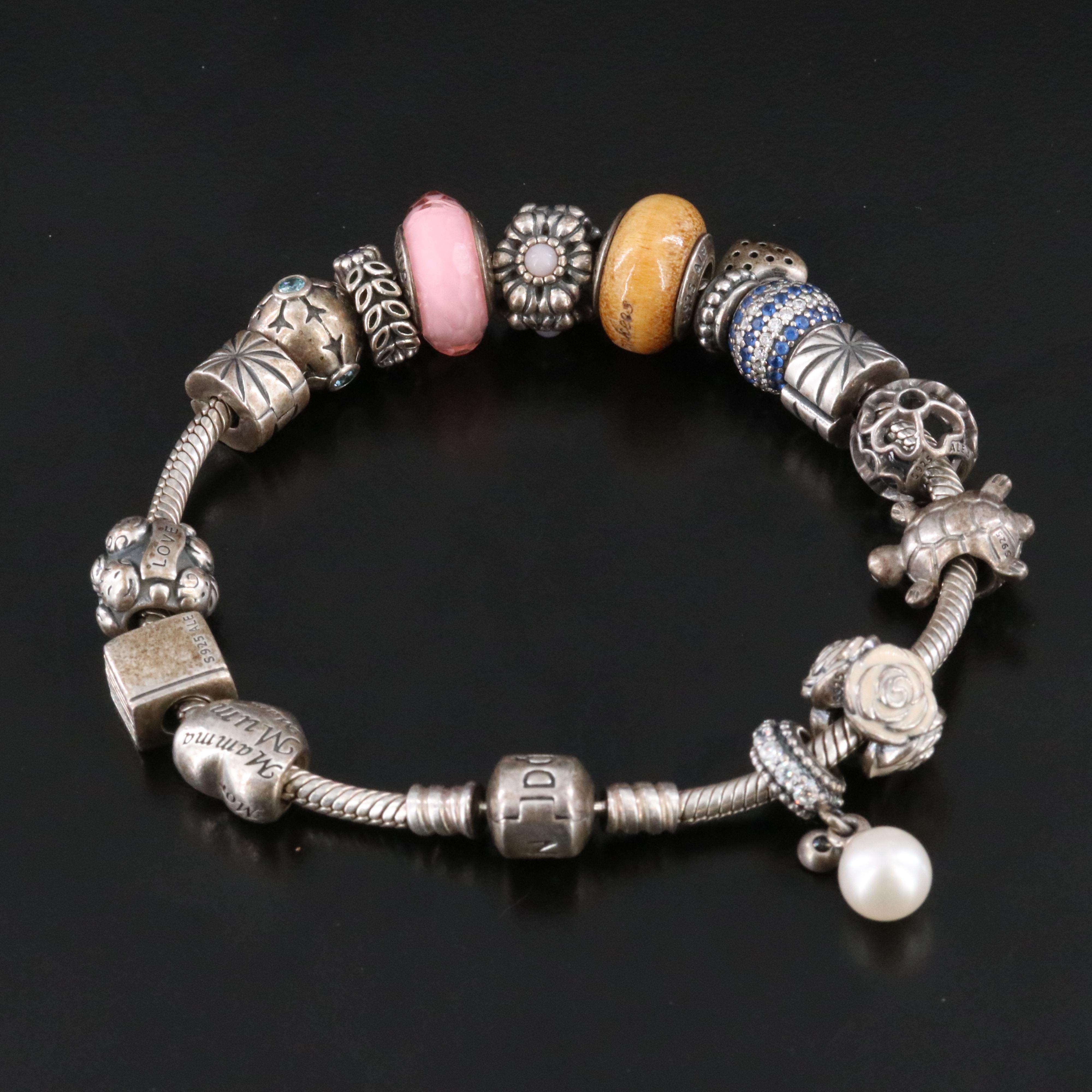 Pandora Sterling Charm Bracelet with Pearls and CZ