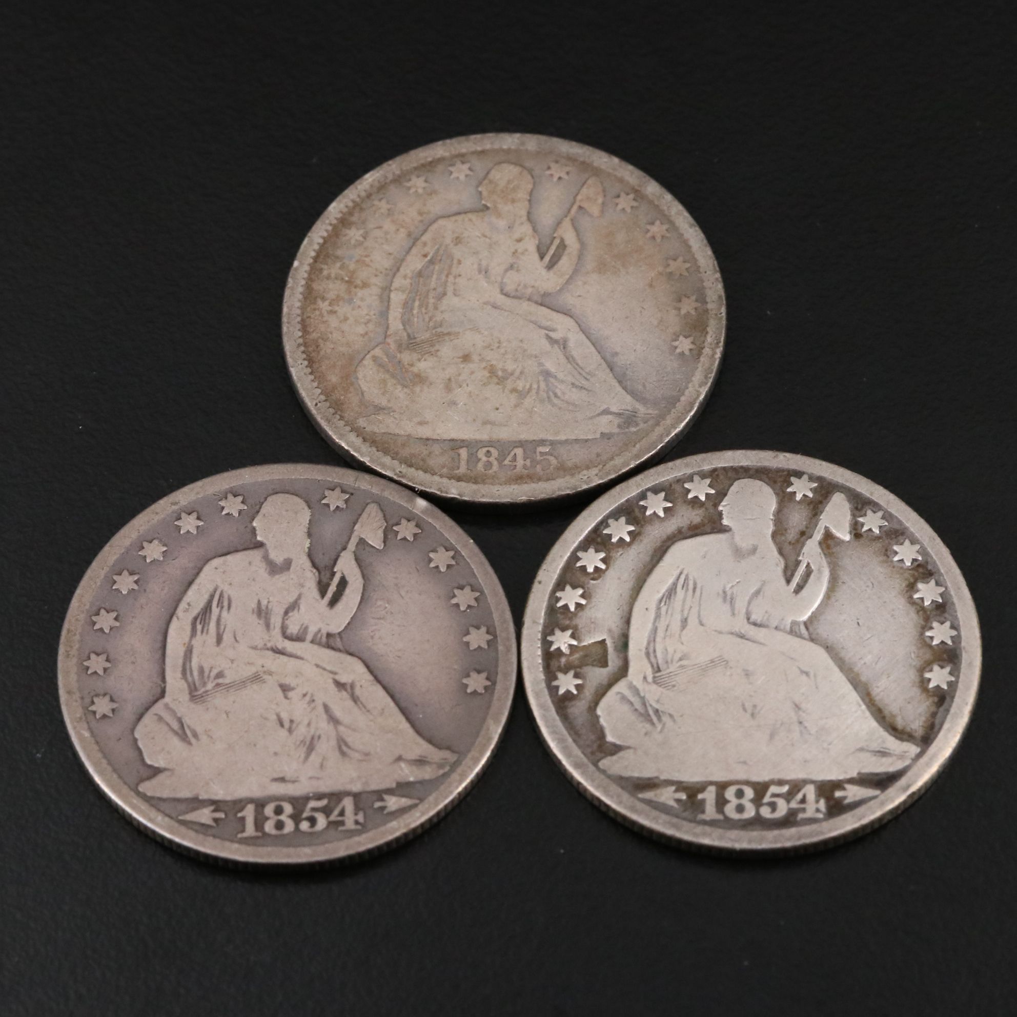 Three Seated Liberty Silver Half Dollars Including an 1845-O