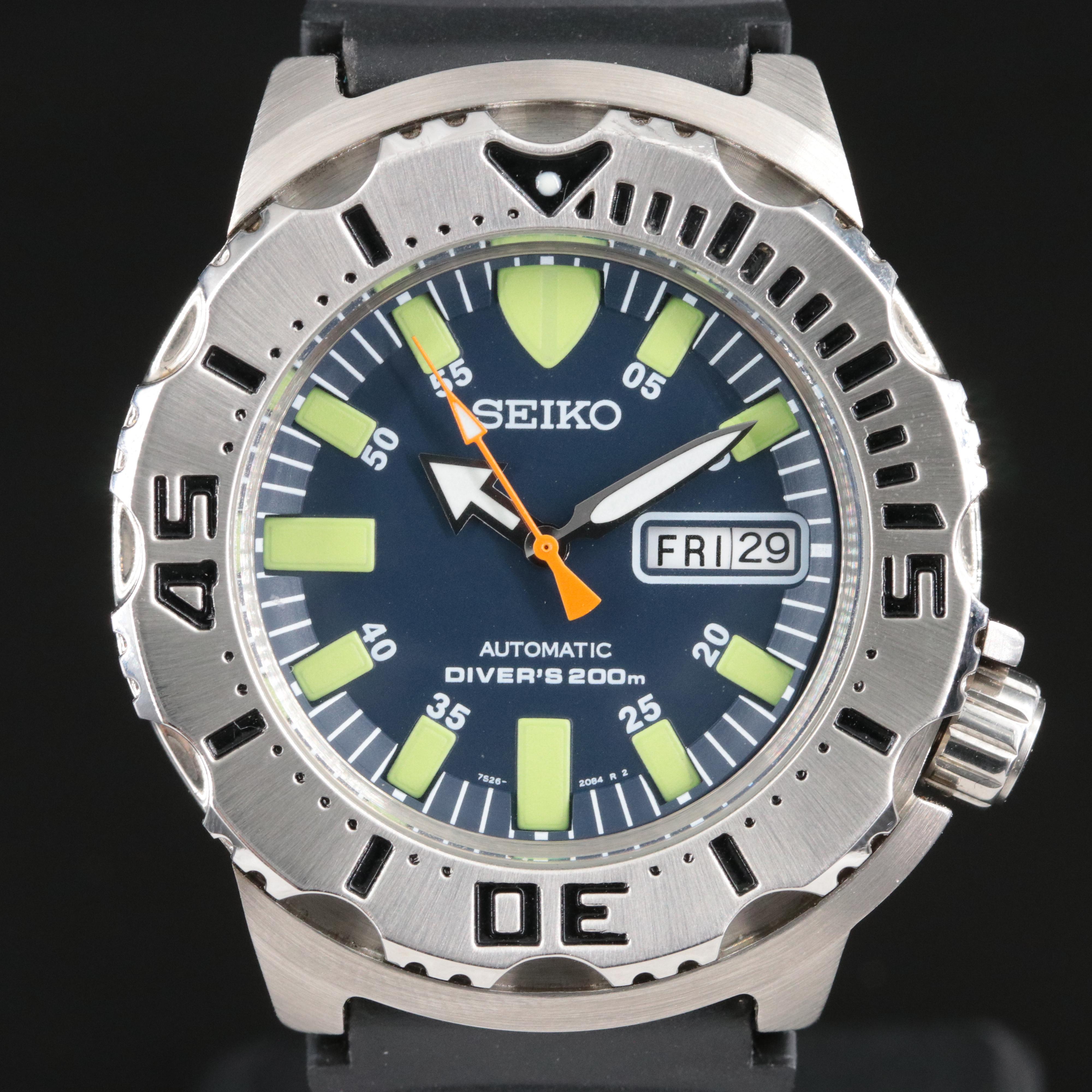 Seiko 200m Scuba Diver's Steel Day-Date Automatic Monster Green 7526-0350 Watch