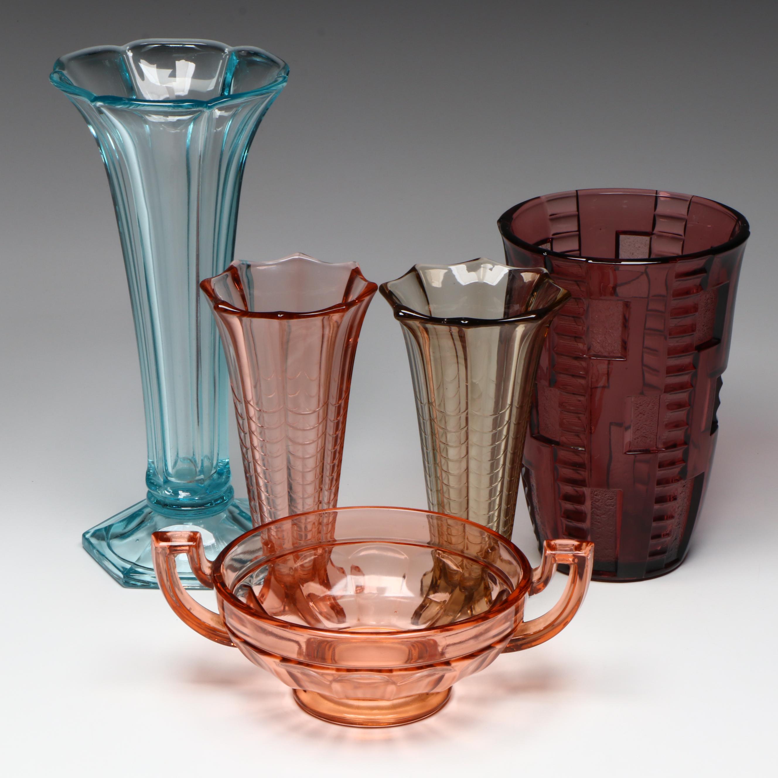 Val St. Lambert Glass "Noemie" Bowl, "Marceau" and Other Trumpet Vases